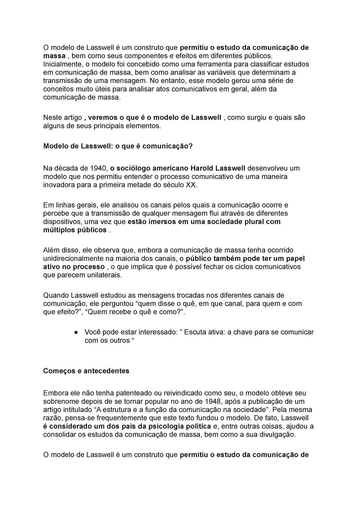 Modelo de comunicação de lasswell - O modelo de Lasswell é um construto que  permitiu o estudo da - Studocu