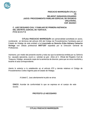 Solicitud oficios inscripción divorcio Hidalgo - PASCACIO MARROQUÍN CITLALI  VS BELMONT ZARAGOZA - Studocu