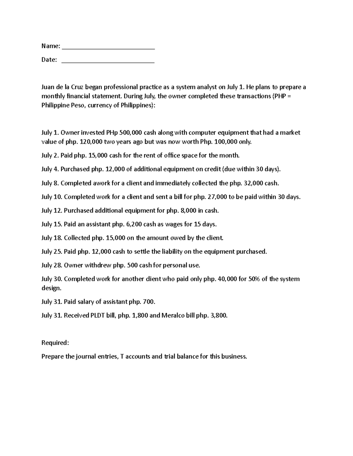 Bookkeepingtest 1a solution - Name: ___________________________ Date