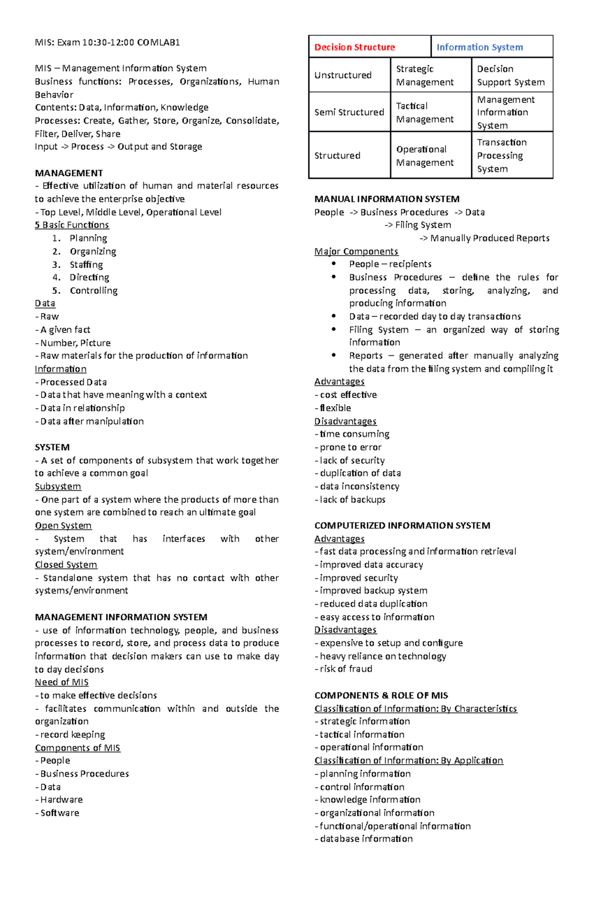 MIS Prelim - MIS: Exam 10:30-12:00 COMLAB MIS – Management Information ...