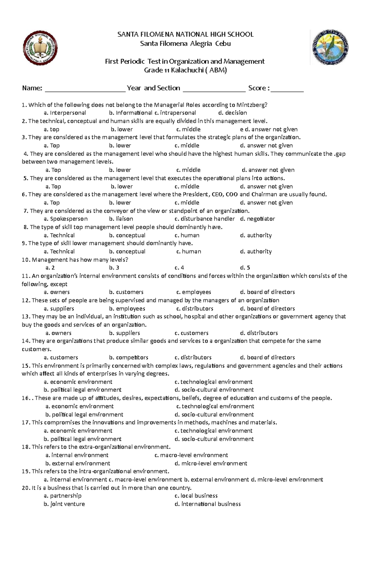 First Periodical Test In Organization And Management - SANTA FILOMENA ...