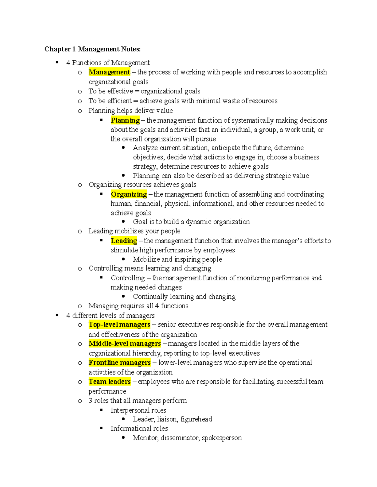 Chapter 1 Management Notes - Chapter 1 Management Notes: 4 Functions Of ...