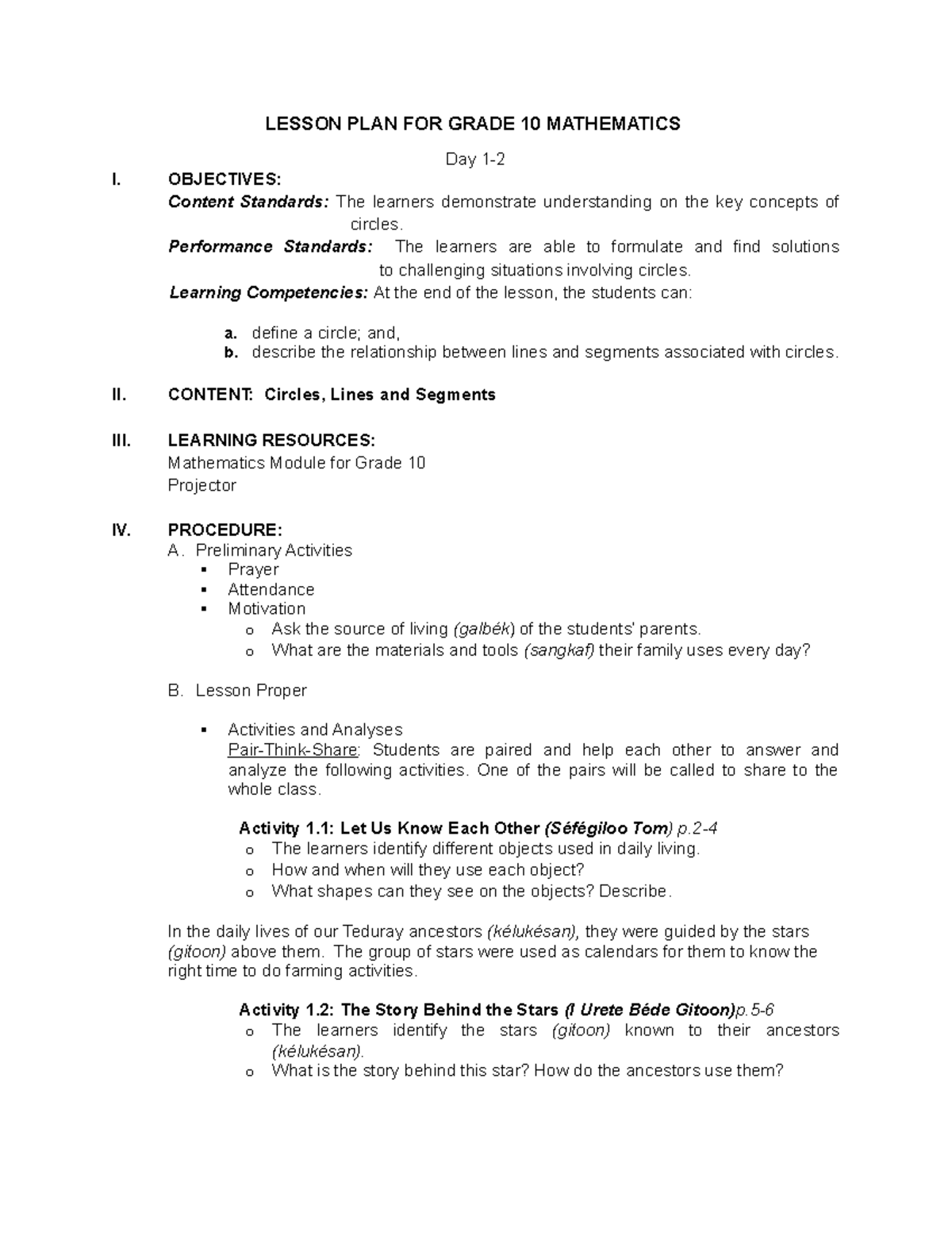 Lesson PLAN FOR Grade 10 Mathematics LESSON PLAN FOR GRADE 10 