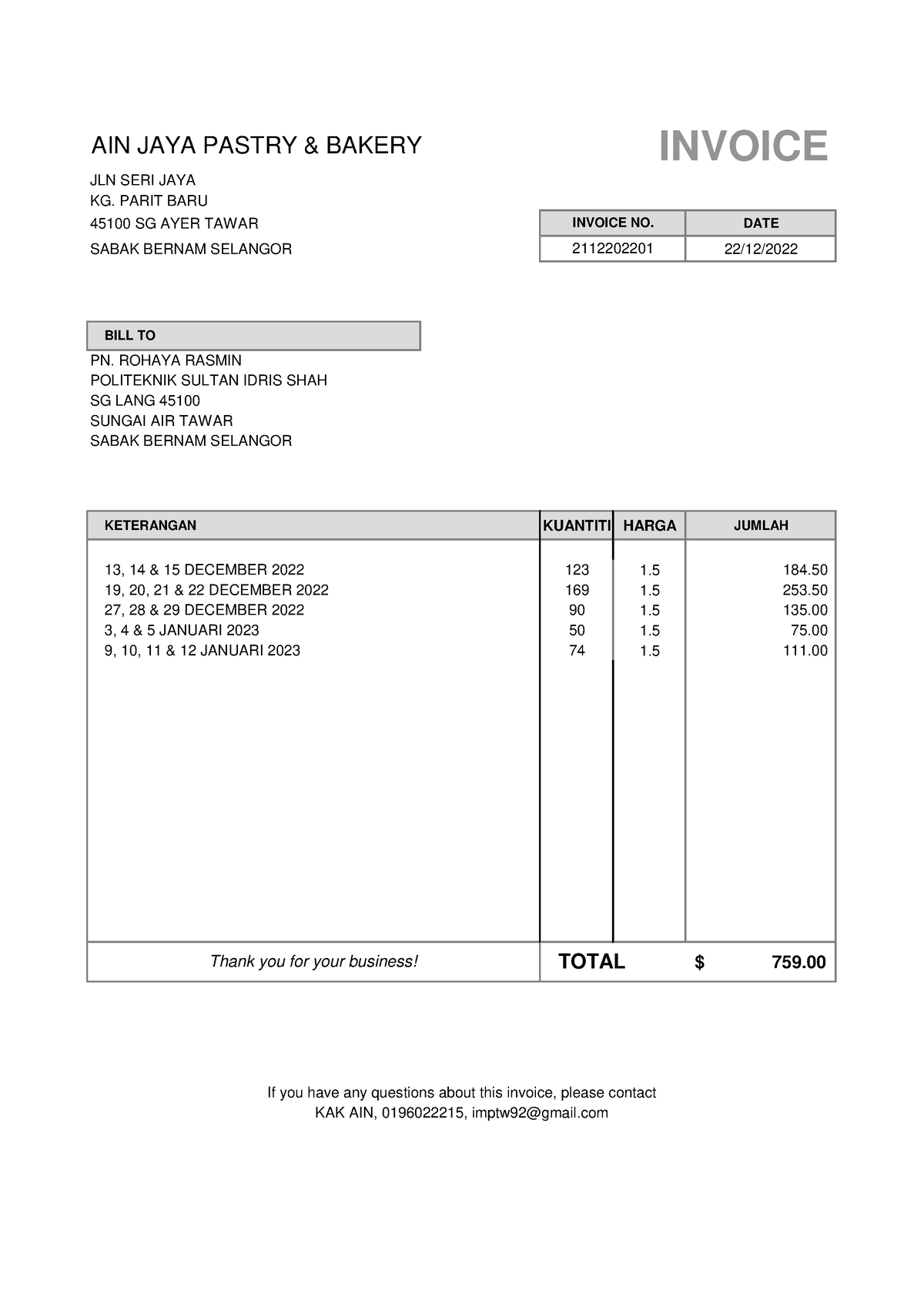 Invoice AIN - Gdluckk - AIN JAYA PASTRY & BAKERY INVOICE JLN SERI JAYA ...