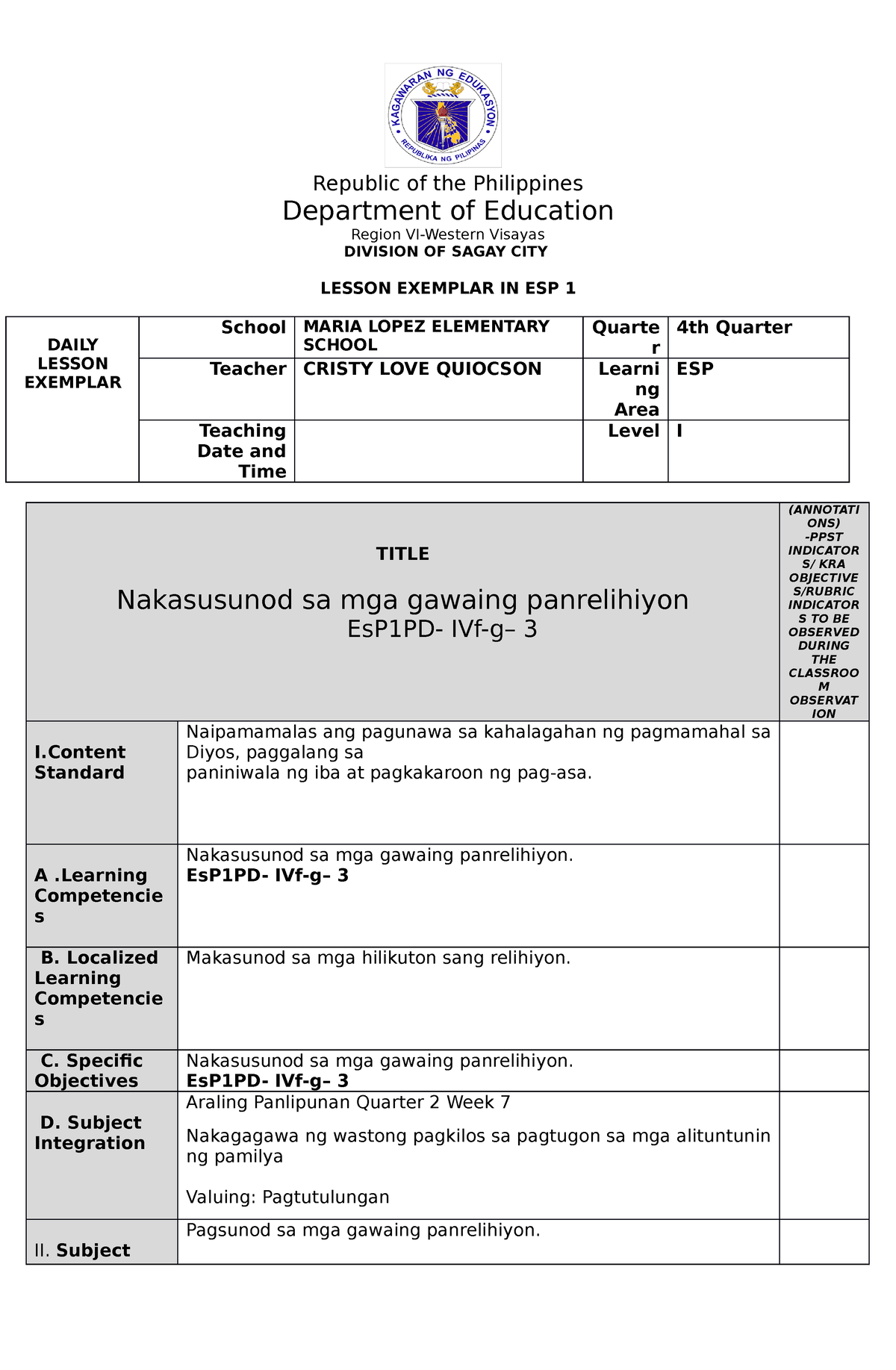 Lesson Exemplar ESP Quarter 4 Week 7 - Republic Of The Philippines ...