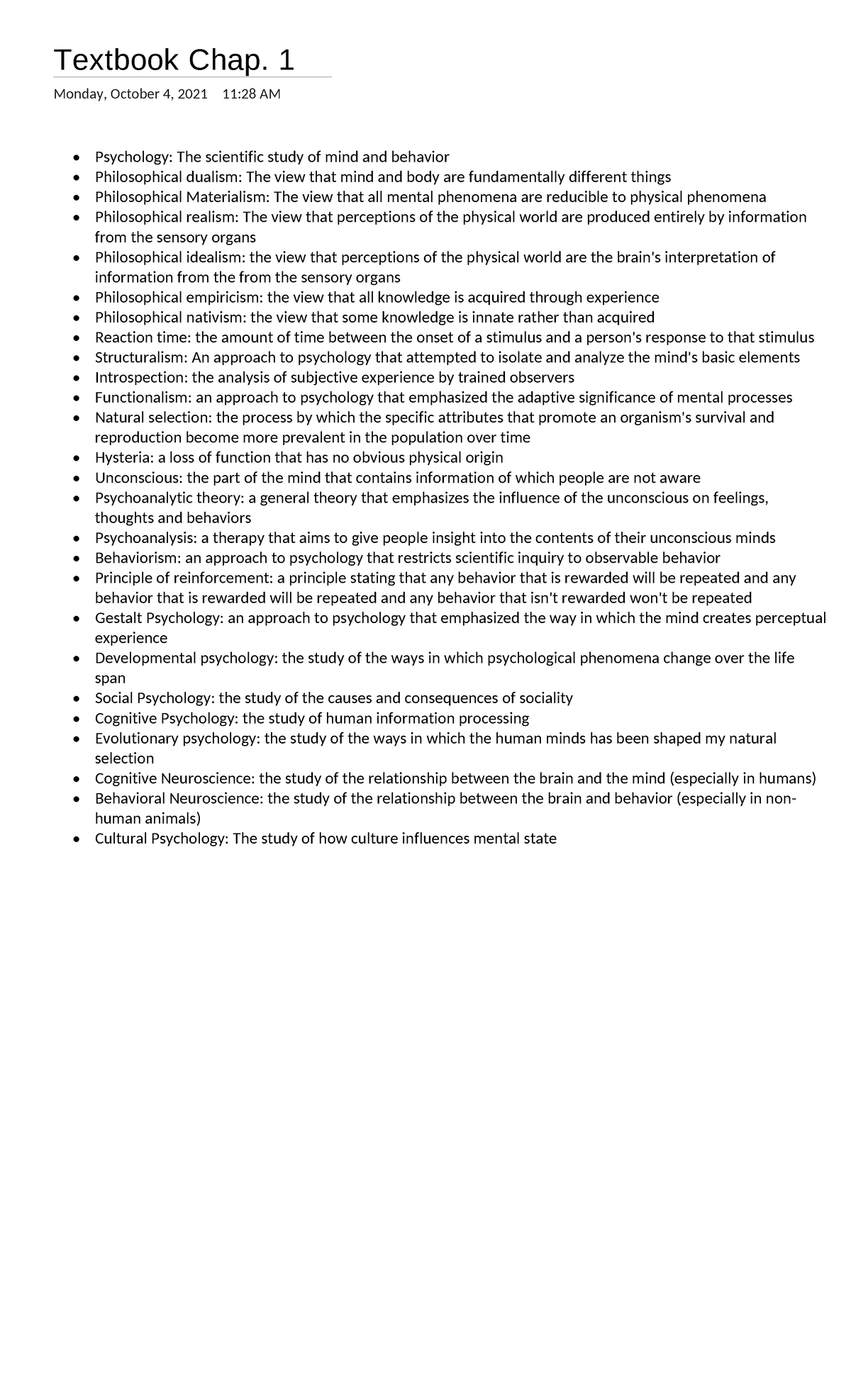 Psych 101textbook 1 - Textbook Chap. 1 Monday, October 4, 2021 11:28 AM ...