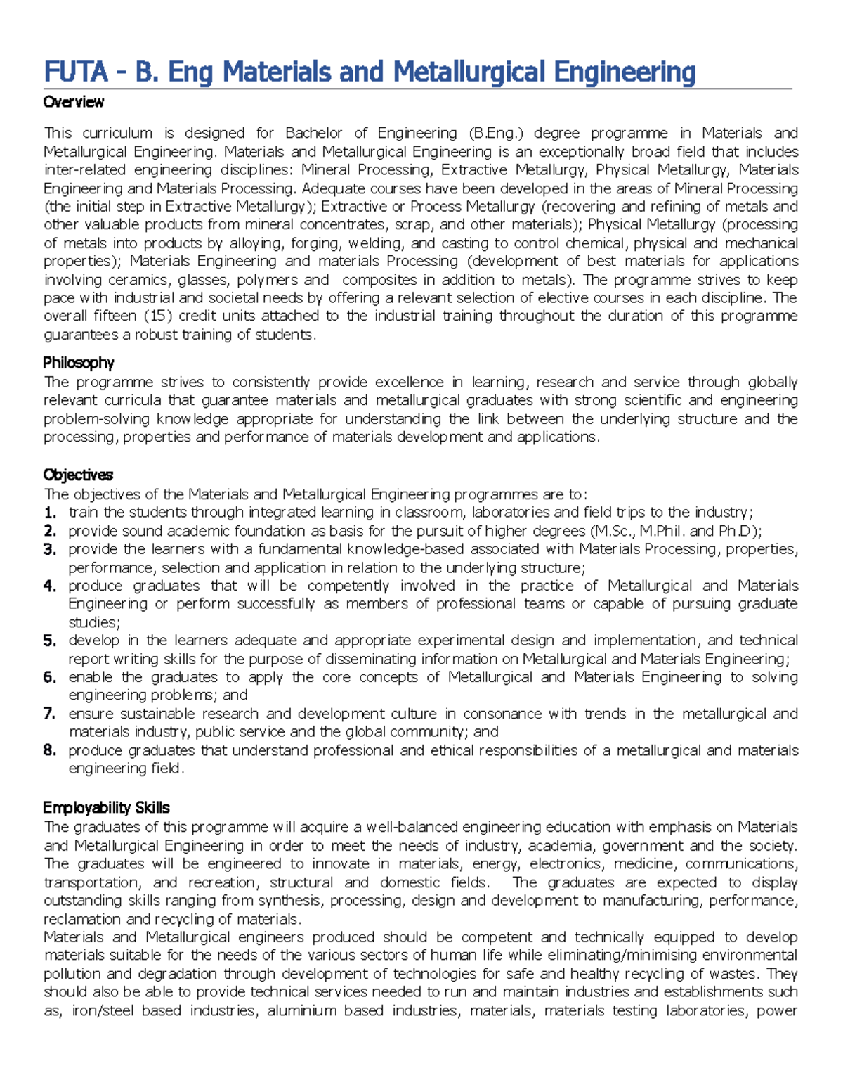 FUTA-MATE Rials AND Metallurgical Engineering Ccmas Latest A - FUTA - B ...