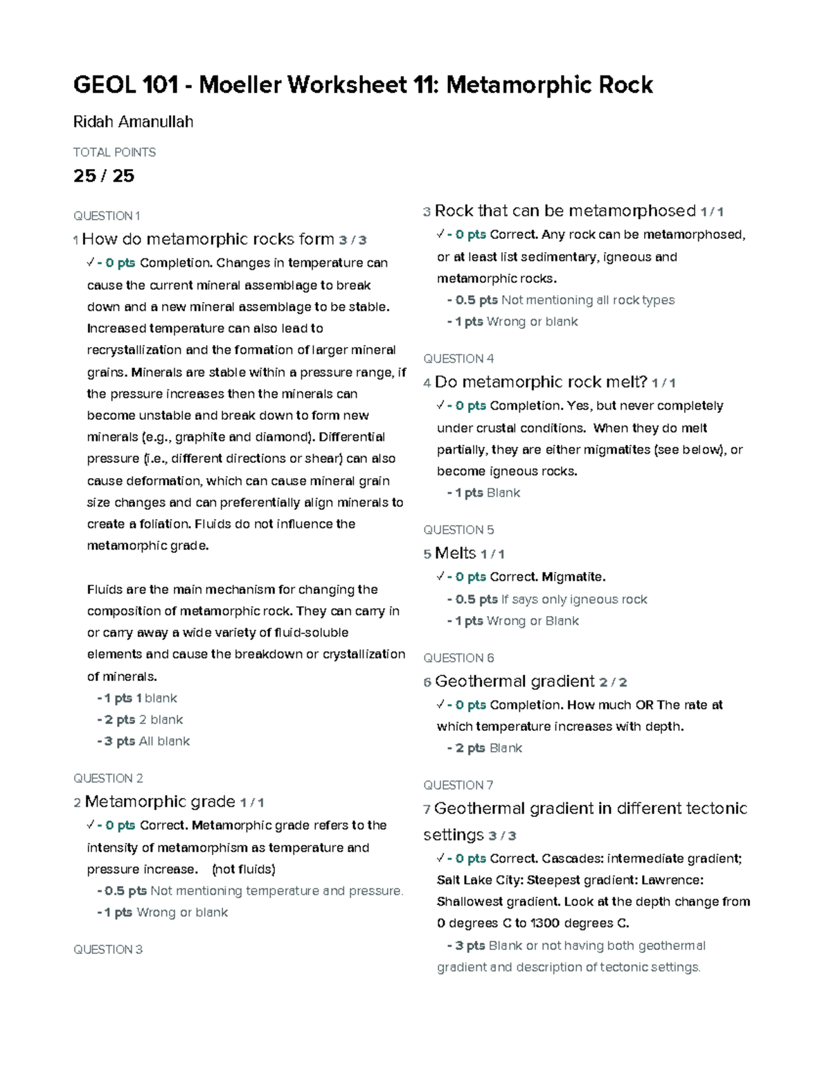 Worksheet 11 Metamorphic Rock - GEOL 101 - Moeller Worksheet 11 ...