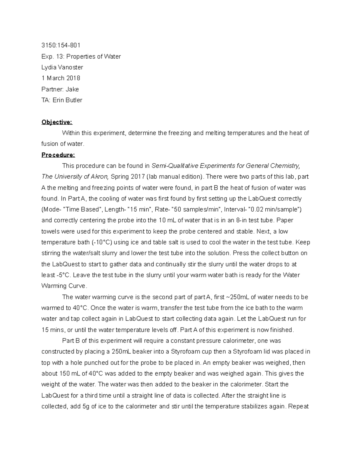 Experiment 13 lab report - Exp. 13: Properties of Water Lydia Vanoster ...