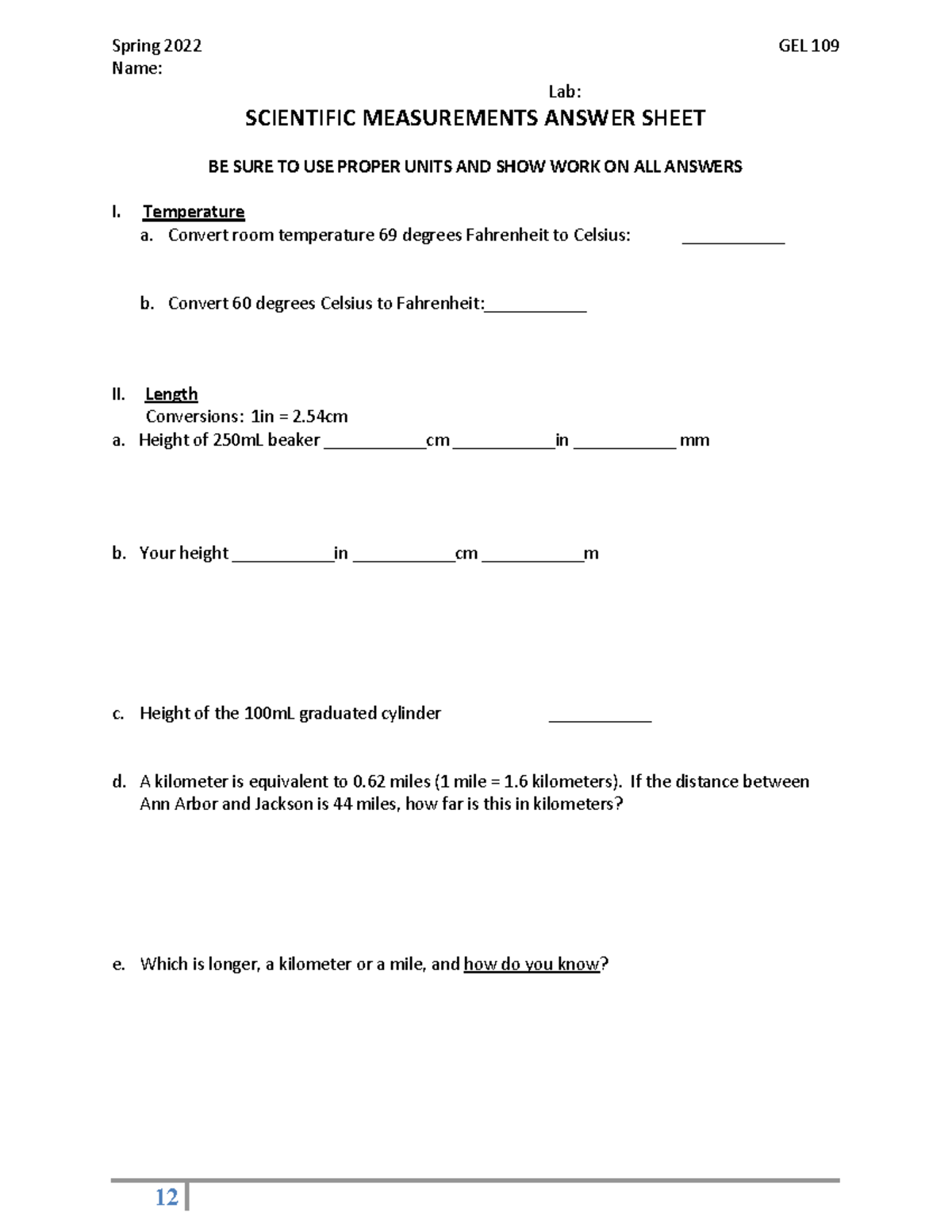Scientific Measurement Lab Answer Sheet Spring 2022 GEL 109 12 Name