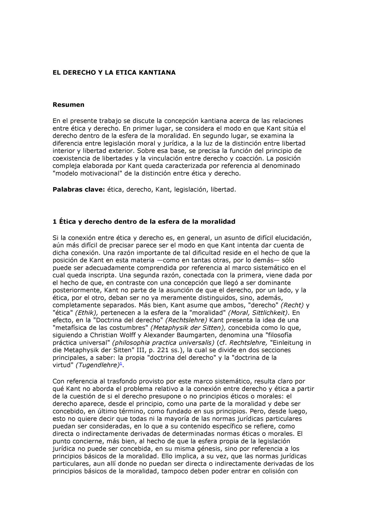 EL Derecho Y LA Etica Kantiana - EL DERECHO Y LA ETICA KANTIANA Resumen ...