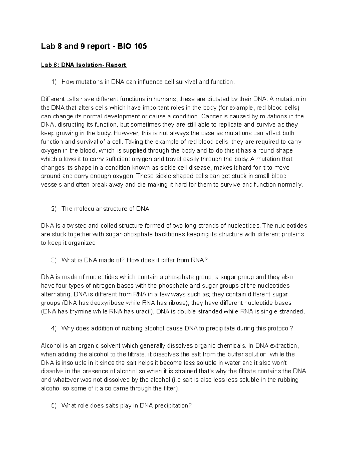 BIO105 - Lab 8 & 9 report - Lab 8 and 9 report - BIO 105 Lab 8: DNA ...
