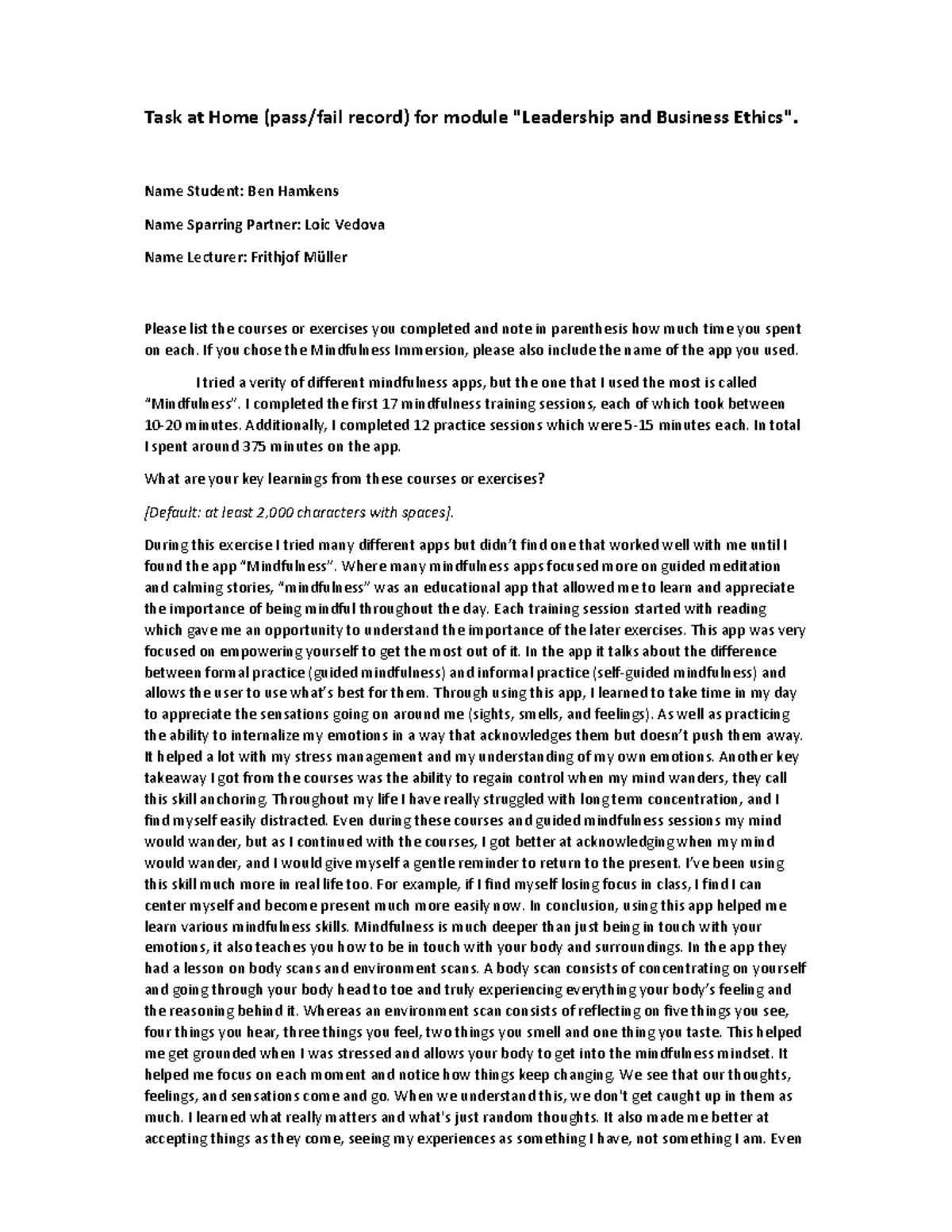 Mindfulness Take Home - Task at Home (pass/fail record) for module ...