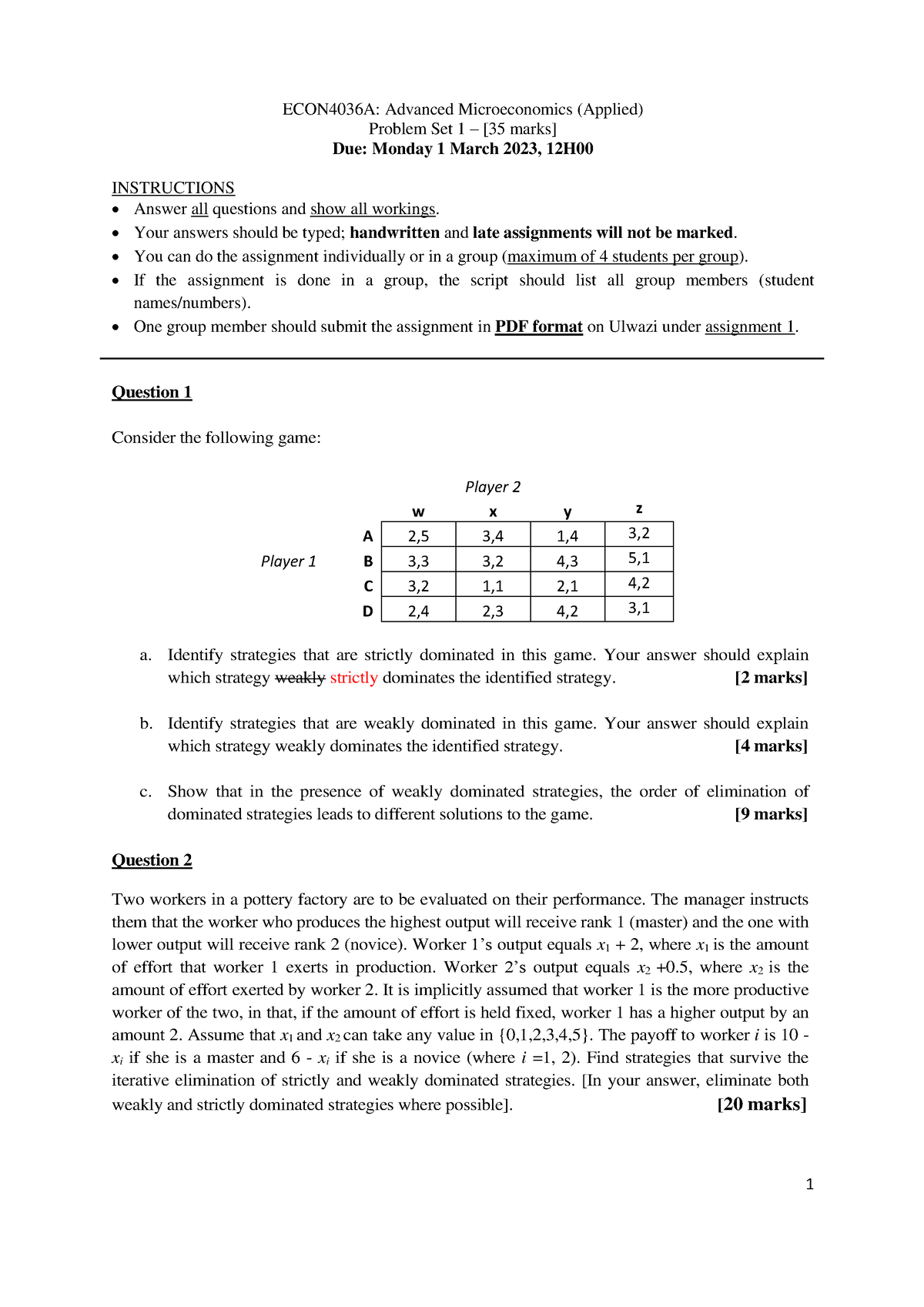 Problem Set 1 Corrected-1 - 1 ECON4036A: Advanced Microeconomics ...