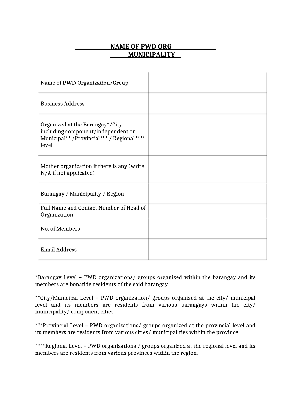 PWD Org Details-Form - n/a - NAME OF PWD ORG MUNICIPALITY Name of PWD ...