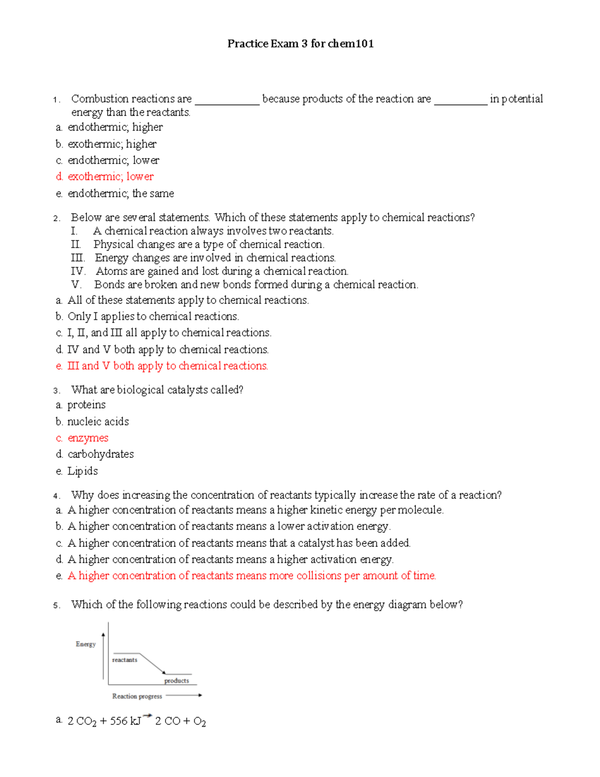 Key for exam 3 chem101 - Practice Exam 3 for chem101 Combustion ...