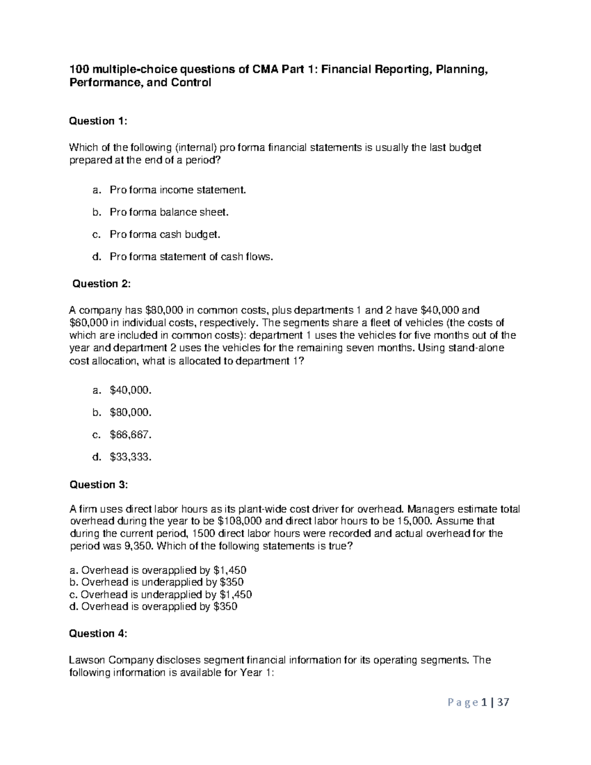 100 Mcq-cma Part 1- Question - 100 Multiple-choice Questions Of Cma 