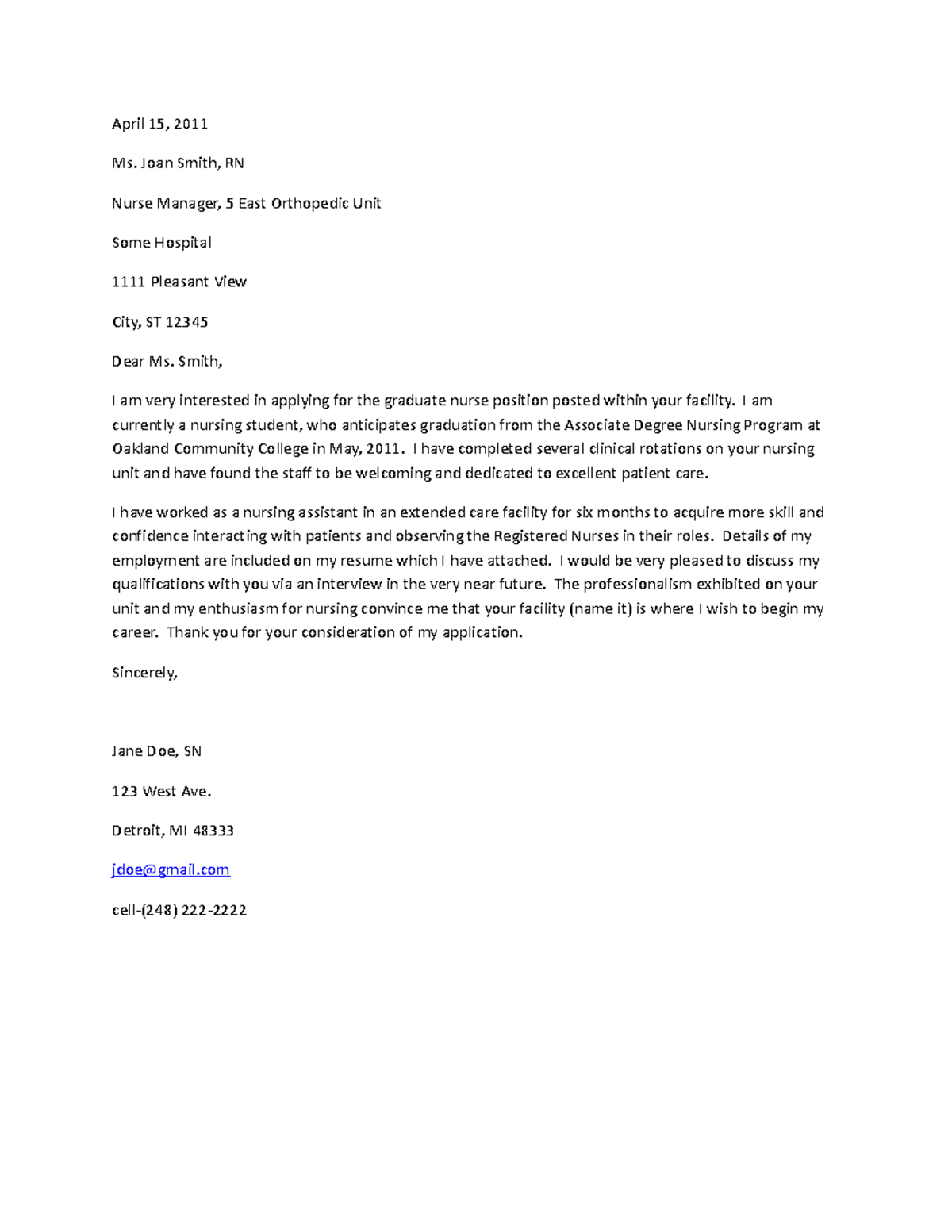 Cover Letter Example - April 15, 2011 Ms. Joan Smith, RN Nurse Manager ...