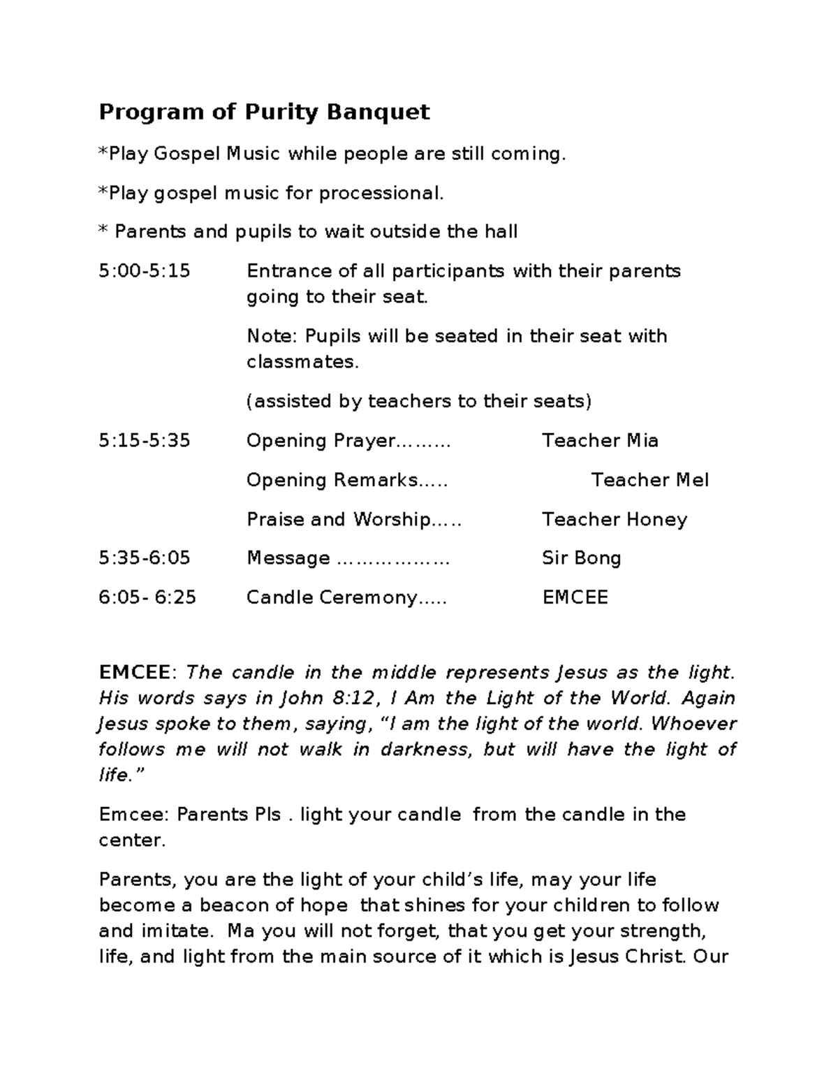 Program of Purity Banquet - Program of Purity Banquet *Play Gospel ...
