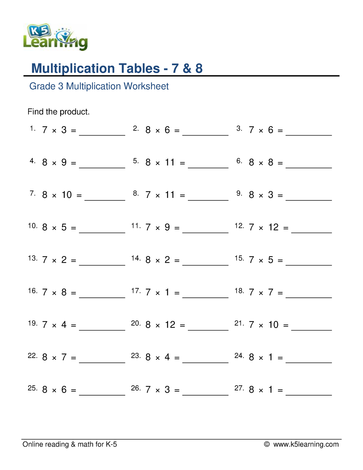 Grade 3 Multiplication Table 7 8 B - Online Reading & Math For K-5 