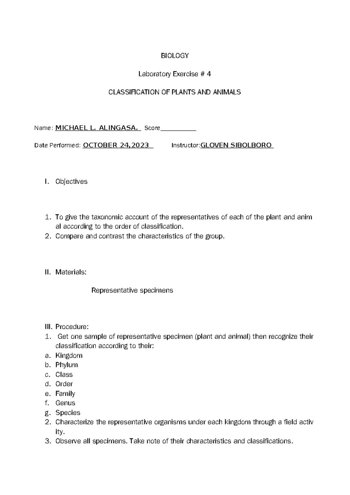 Bio-4 - trnthtyn - BIOLOGY Laboratory Exercise # 4 CLASSIFICATION OF ...