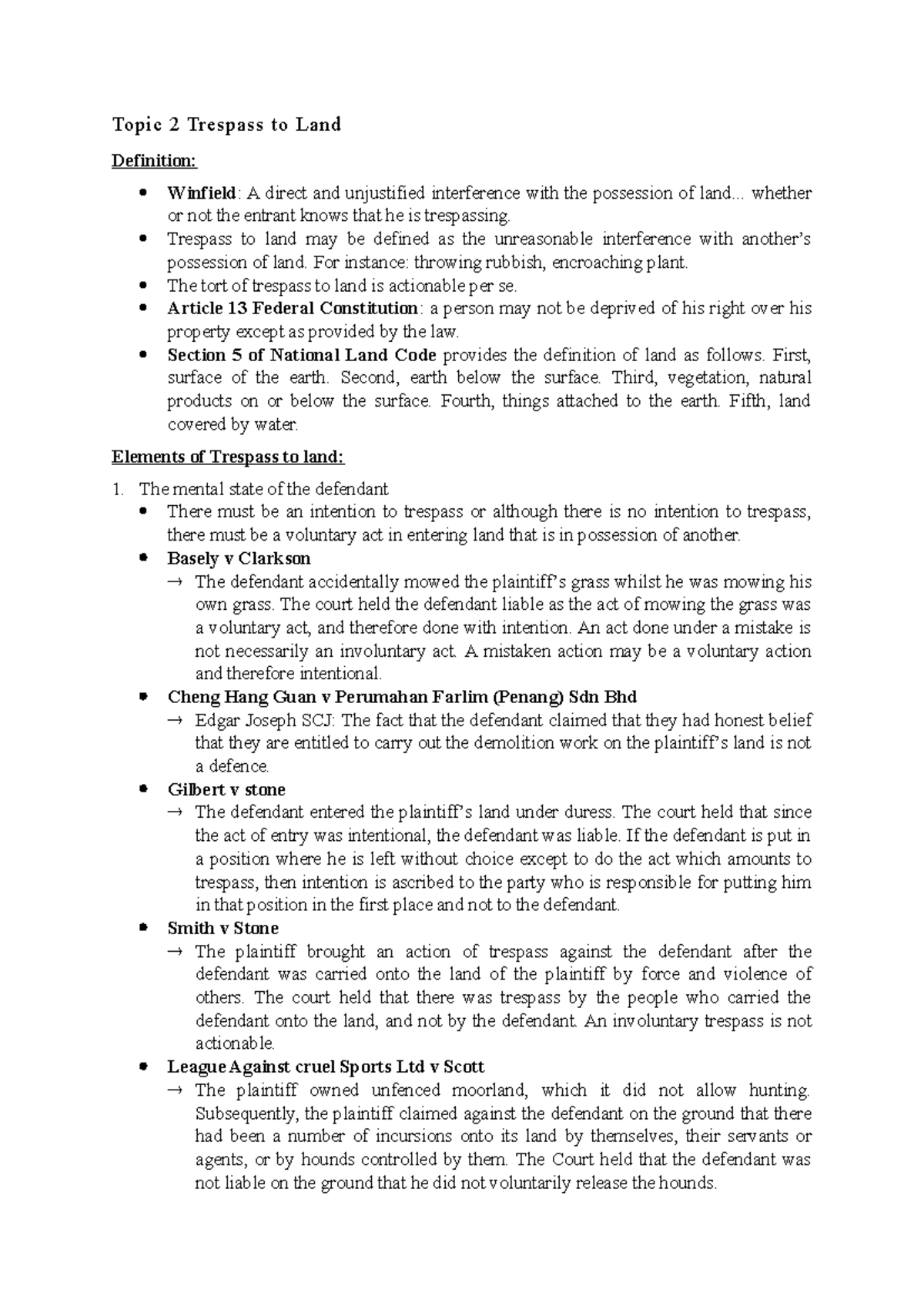 Trespass to land Notes - Topic 2 Trespass to Land Definition: Winfield ...