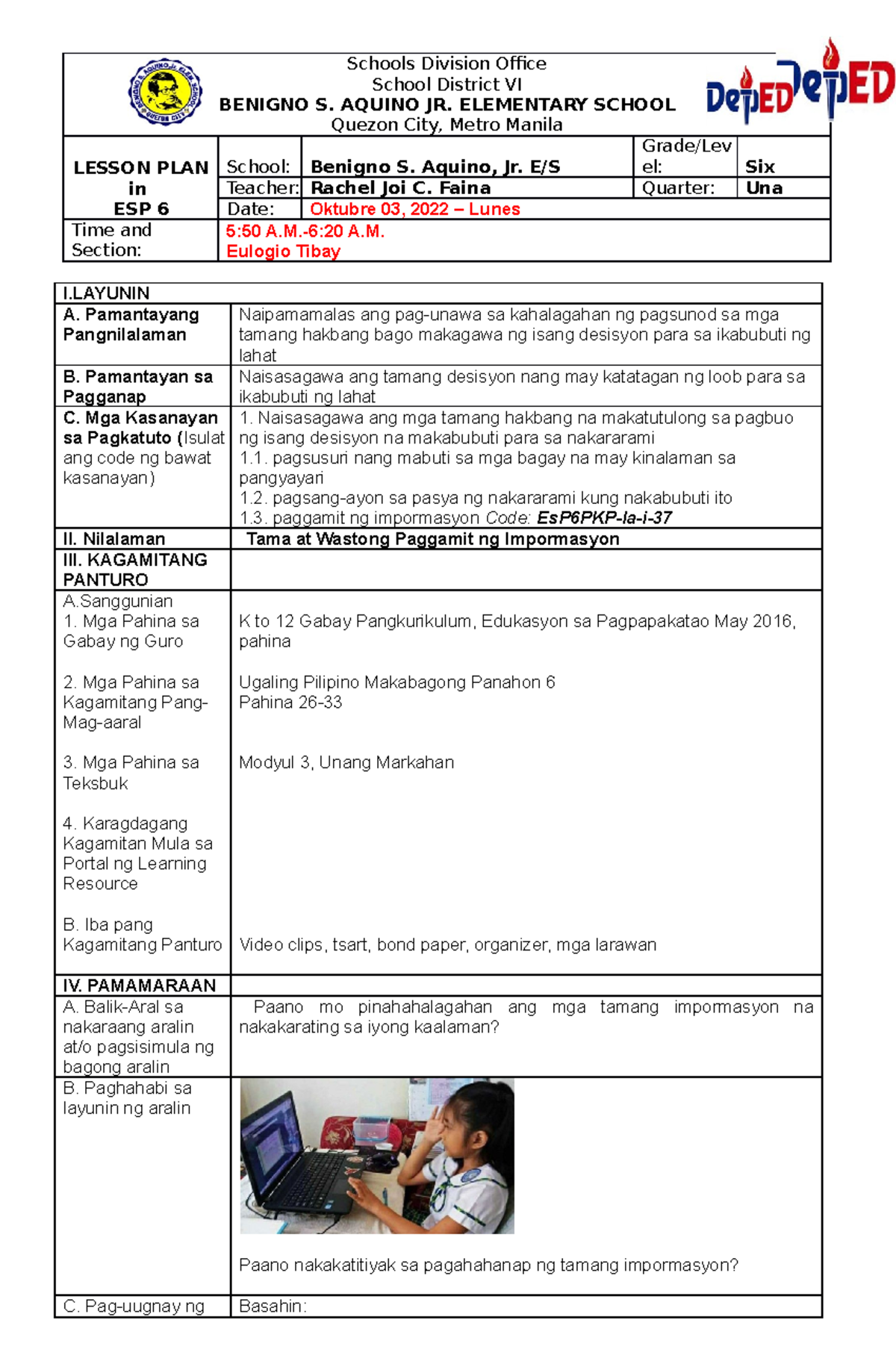 DLPOct 03ESP example lesson plan Schools Division Office School