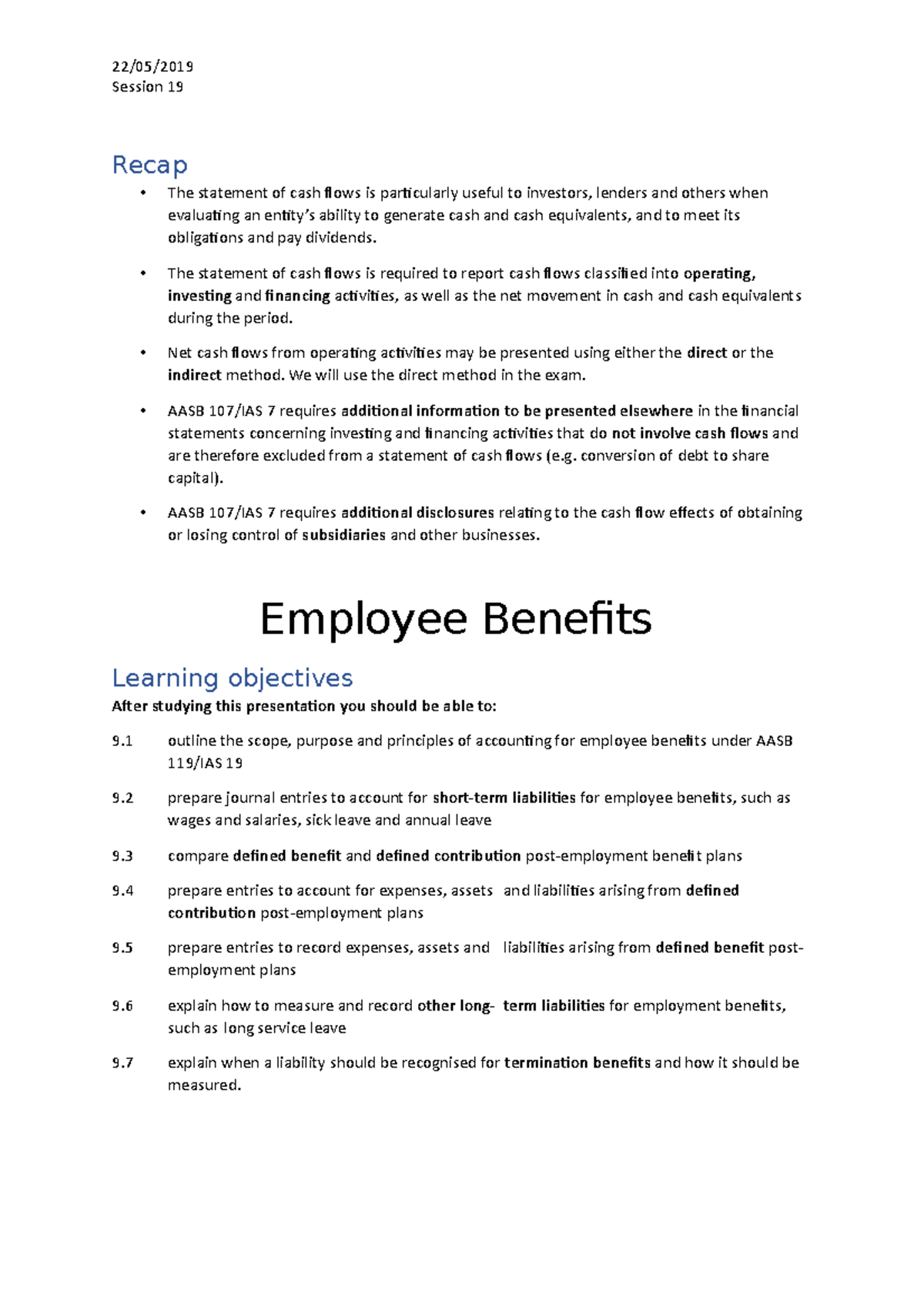 Session 19 Employee Benefits - Session 19 Recap The Statement Of Cash 