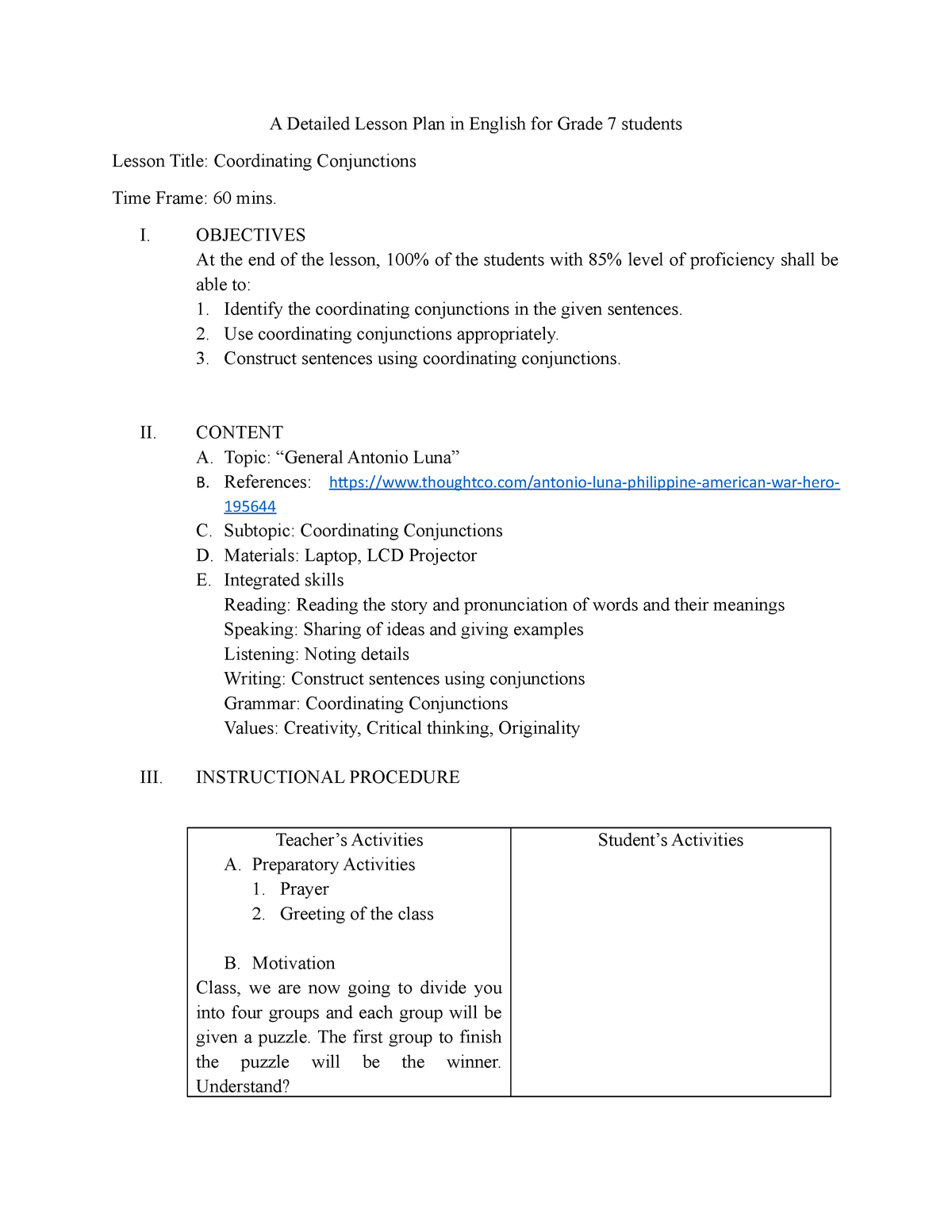 Coordinating Conjunctions I OBJECTIVES At The End Of The Lesson 100 