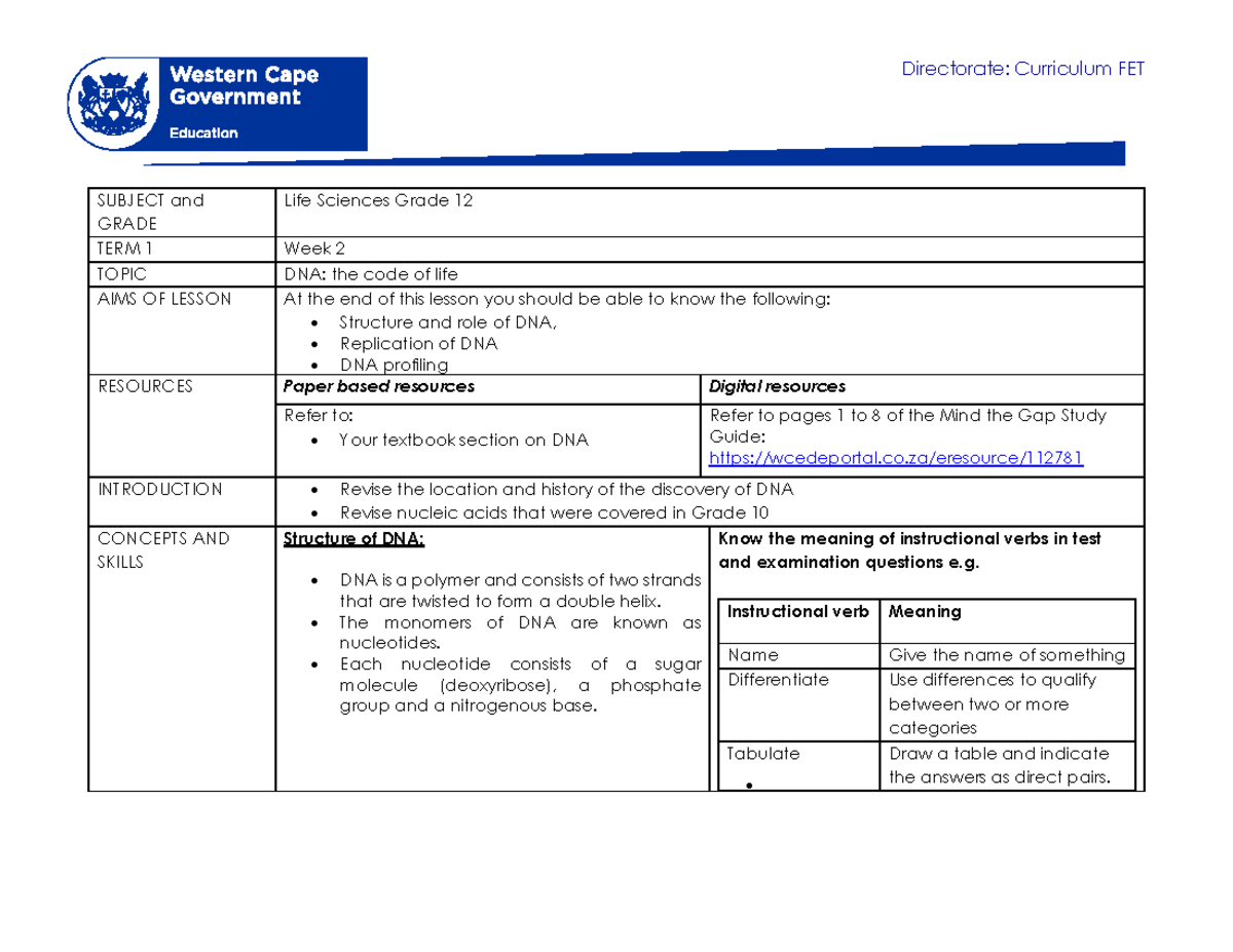 Life Sciences Grade 12 Term 1 Week 2 2021 - Directorate: Curriculum FET ...