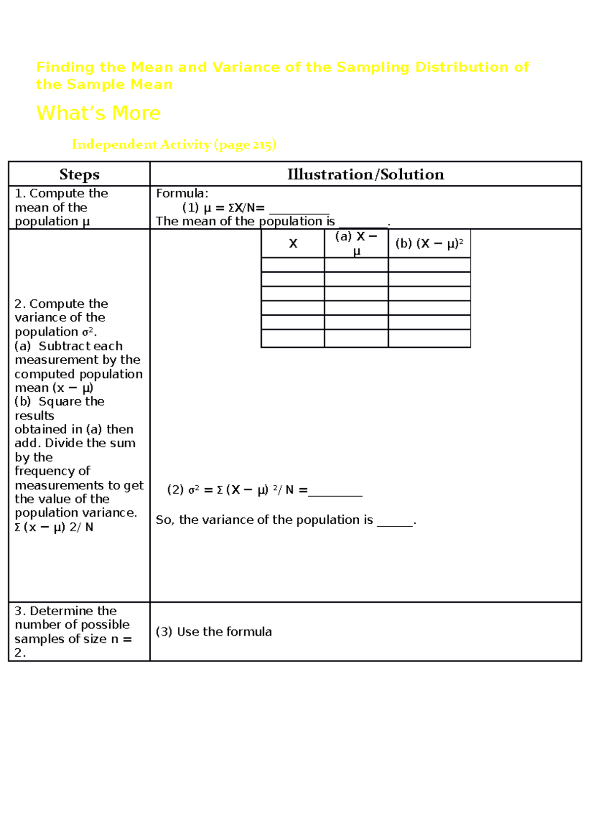 STAT 6-8 - i hope it helps - Finding the Mean and Variance of the ...