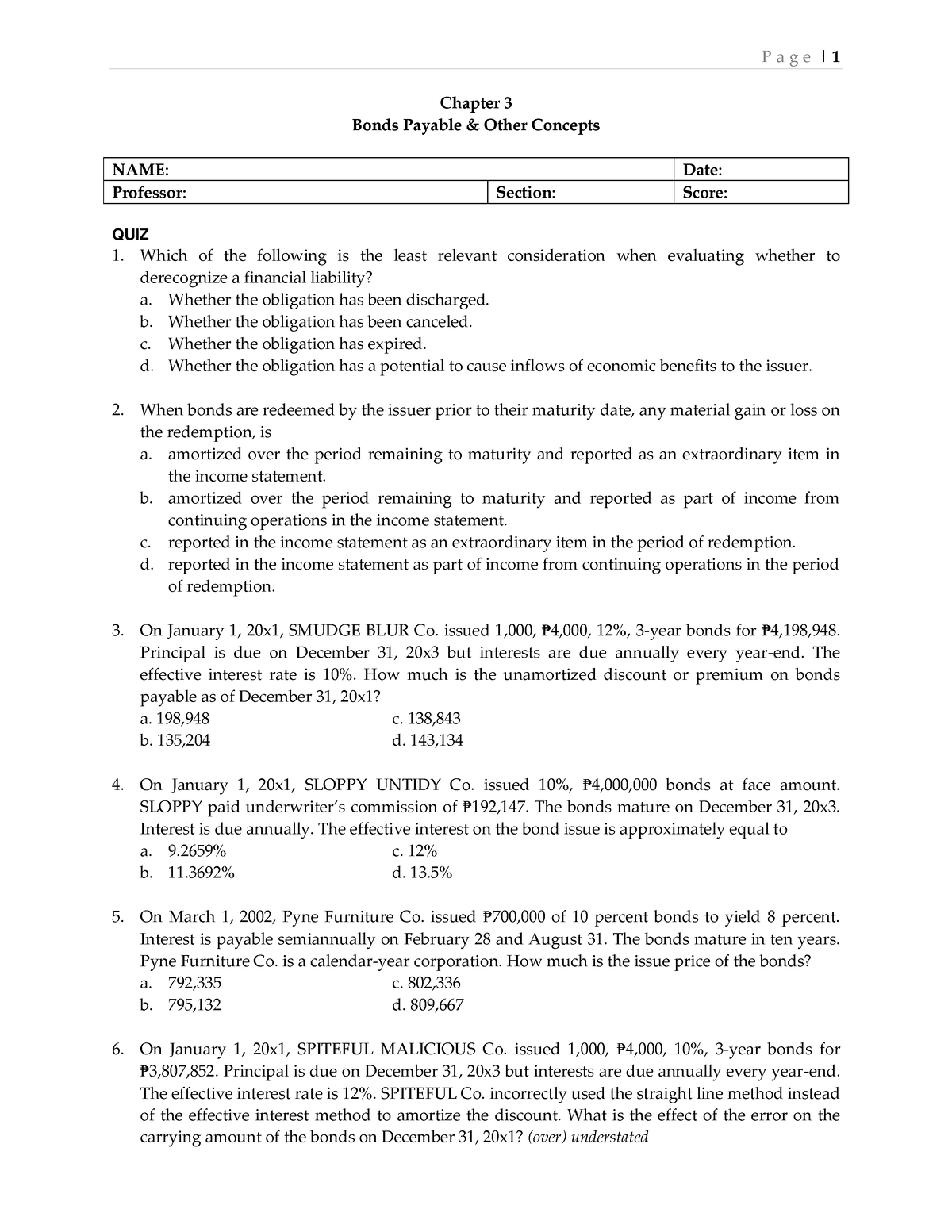 QUIZ 3 Bonds Payable & Other Concepts 2021 - P a g e | 1 Chapter 3 ...