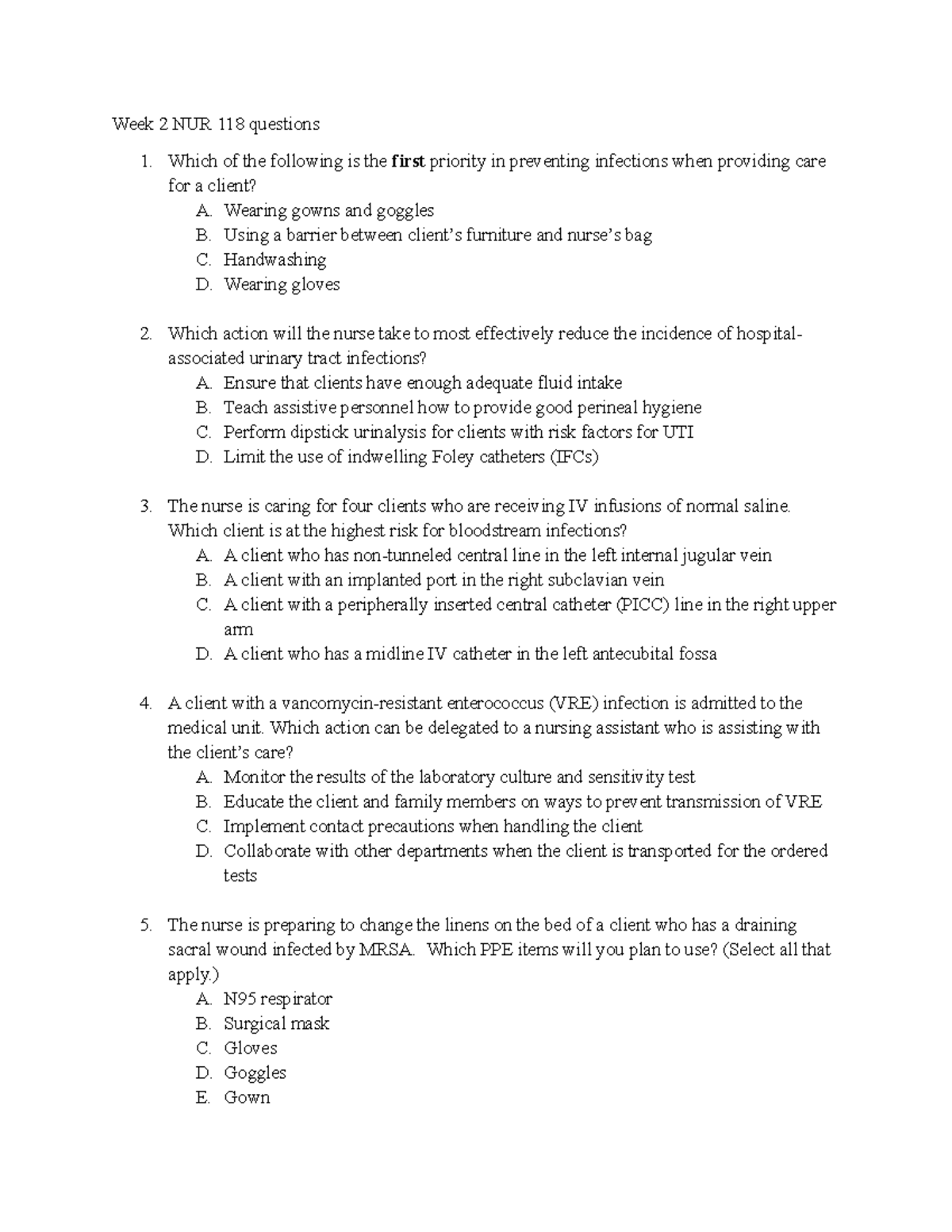 Week 2 NUR 118 questions Infection control - Week 2 NUR 118 questions ...