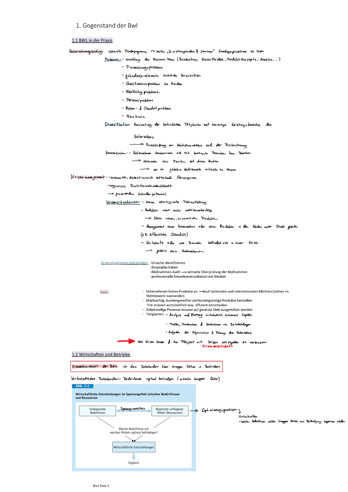 1. Gegenstand Der Bwl - Zusammenfassung Kapitel 1 - Einführung In Die ...