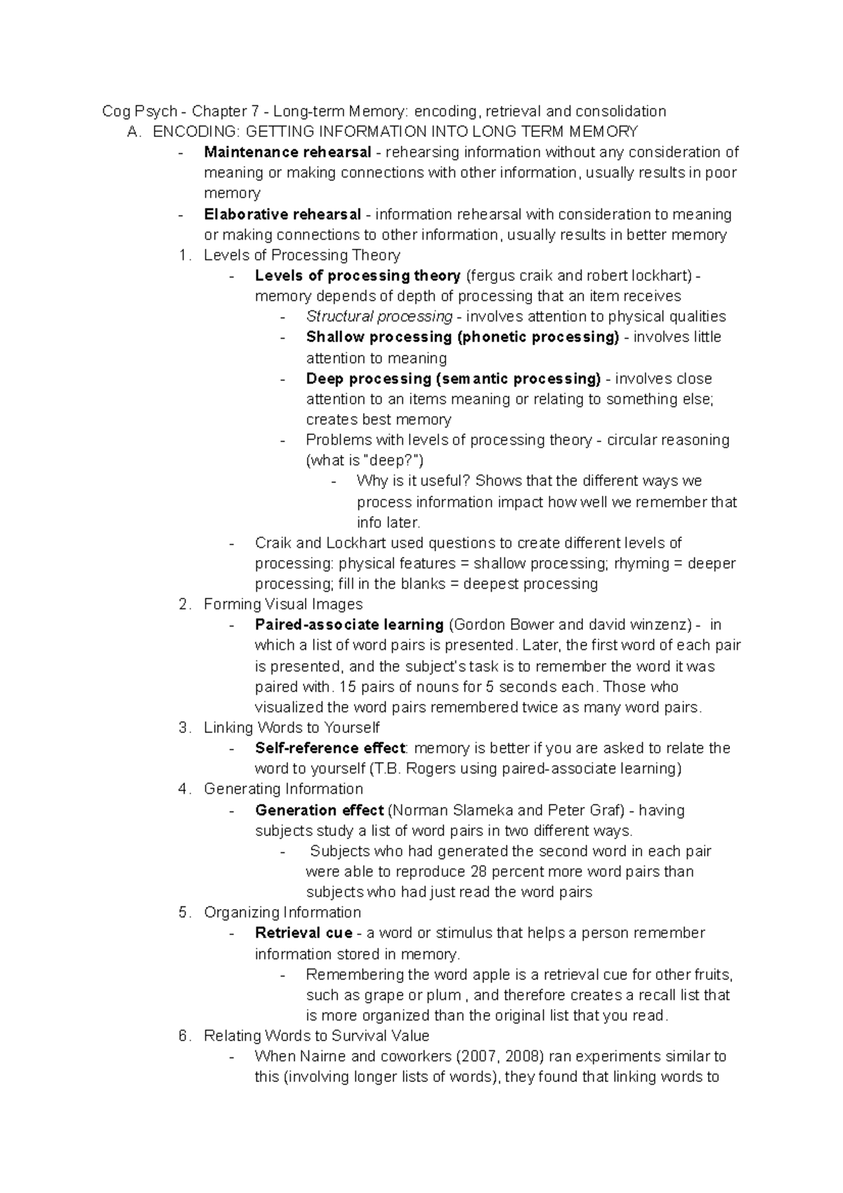 Cog Psych Chapter 7 Long Term Memory Encoding Retrieval And