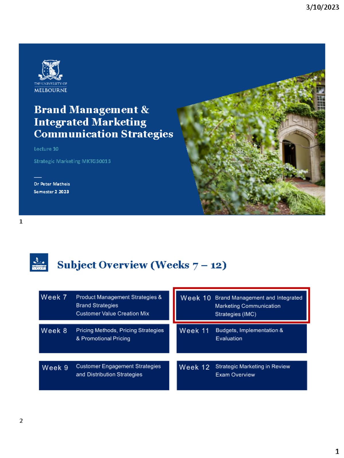 Lecture MKTG30013 Week 10 2023 - Brand Management & Integrated ...
