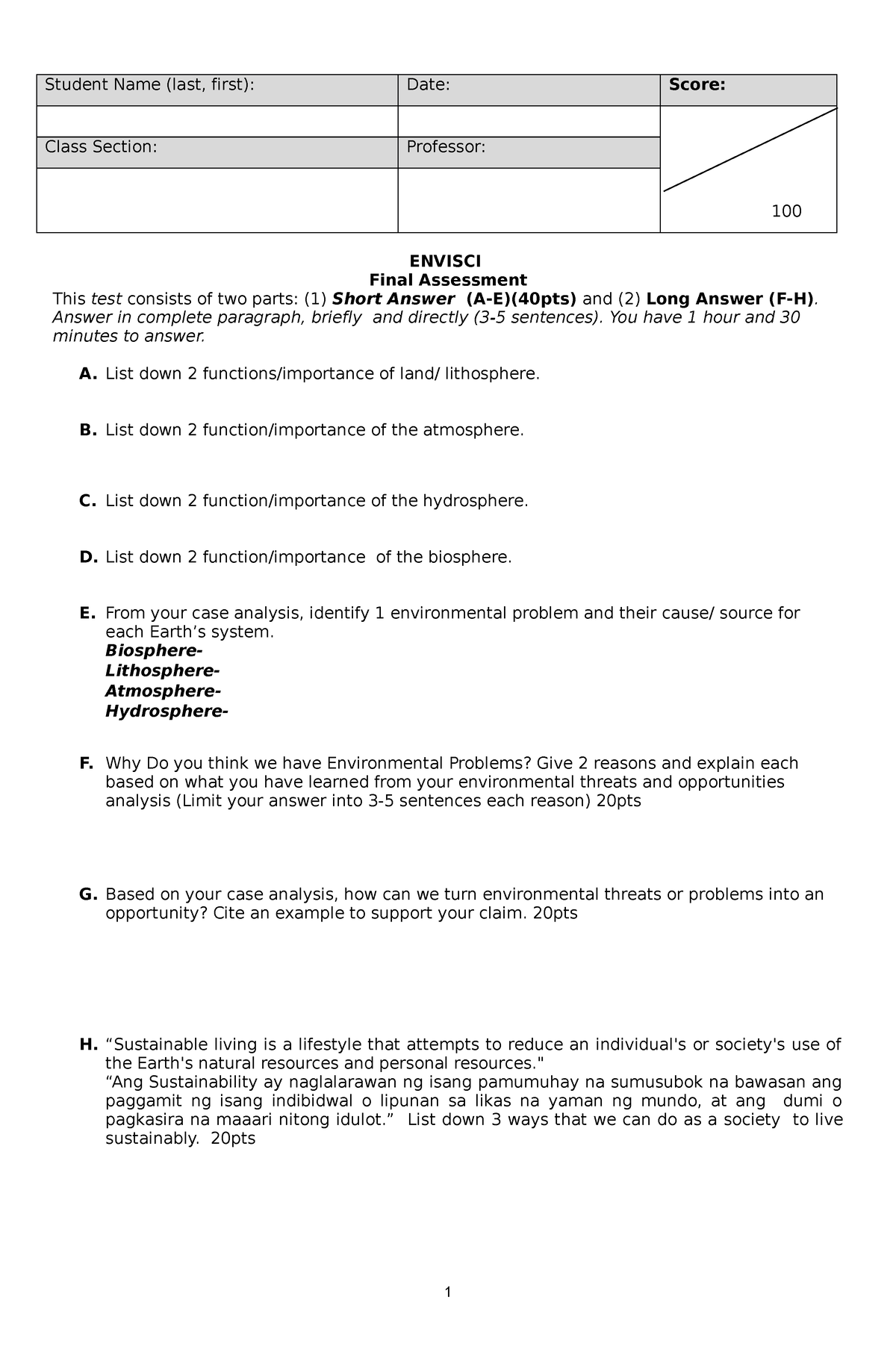 Envisci - Lecture Only - Student Name (last, First): Date: Score: 100 ...