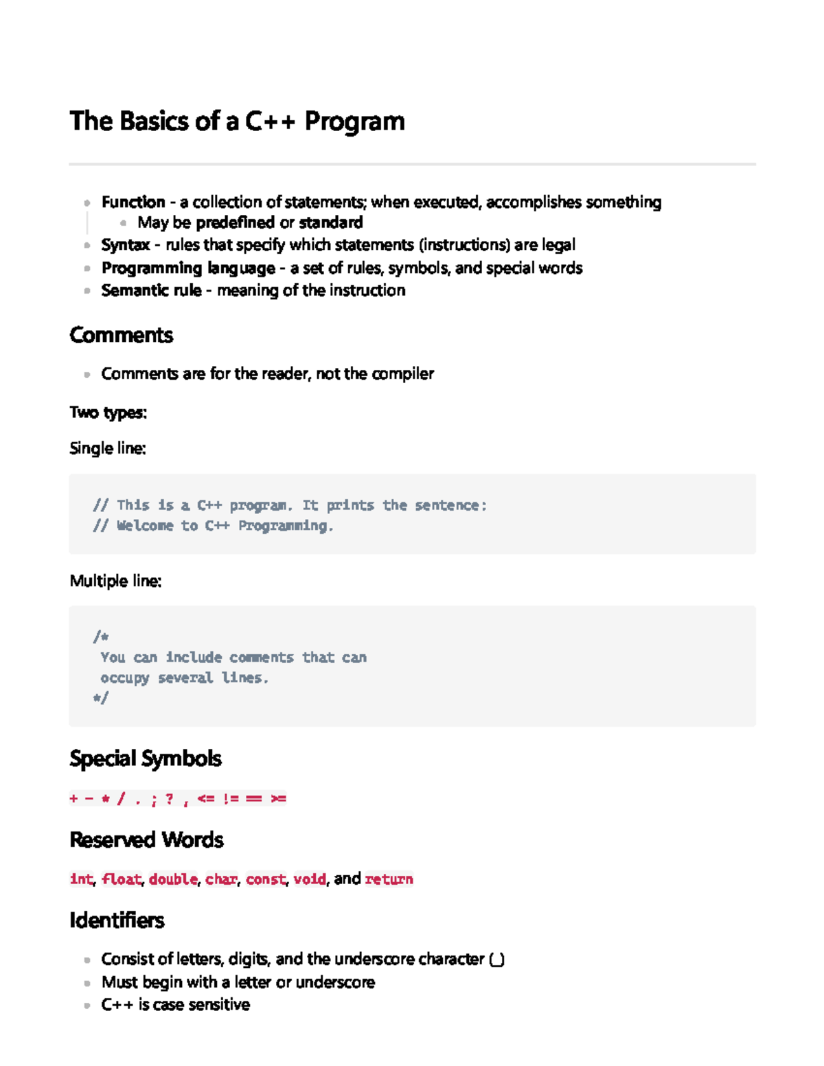 Basics of C++ - various notes - The Basics of a C++ Program Function ...