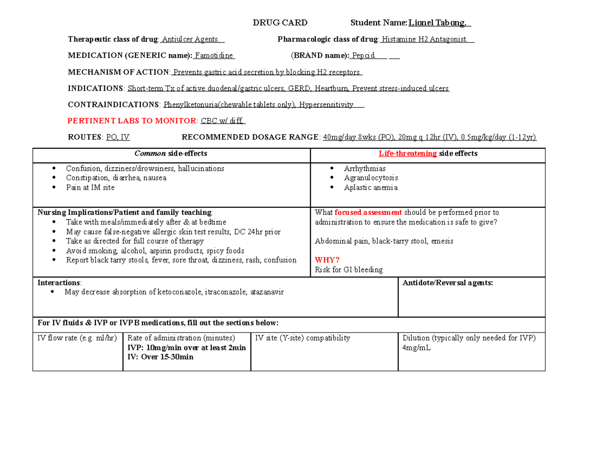 Famotidine drug card DRUG CARD Student NameLionel Tabong
