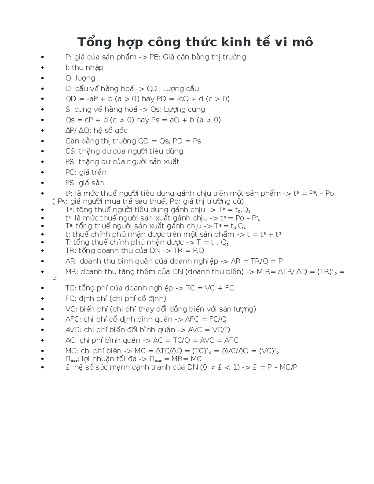 Tổng hợp công thức kinh tế vi mô - Tổng hợp công thức kinh tế vi mô P ...