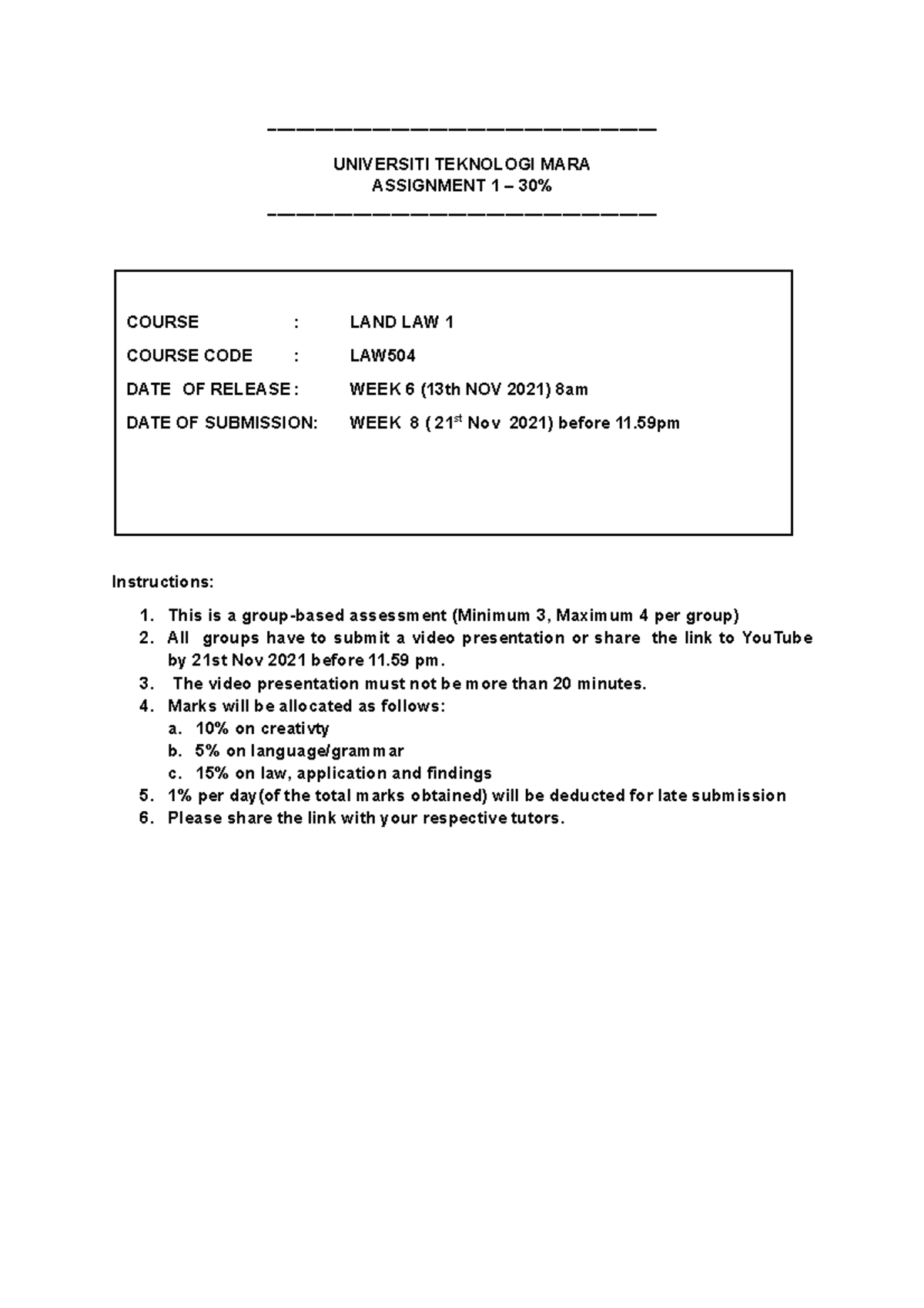 Assignment 1 Question October 2021 ( Group) - UNIVERSITI TEKNOLOGI MARA ...