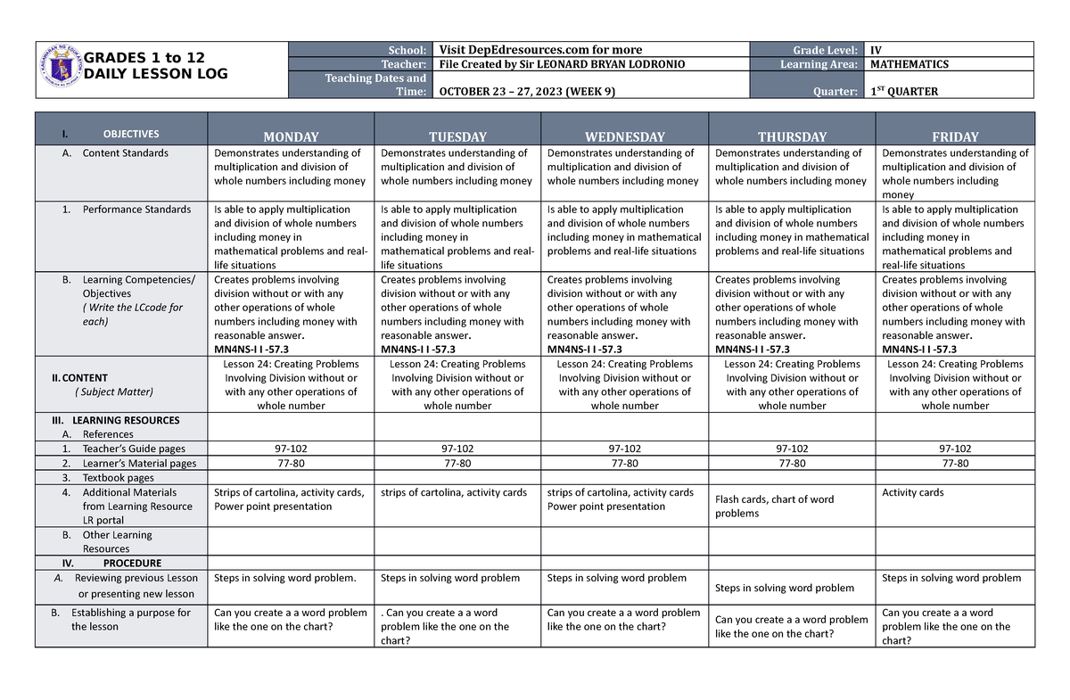 DLL Mathematics 4 Q1 W9 - Daily Lesson Plan - GRADES 1 To 12 DAILY ...