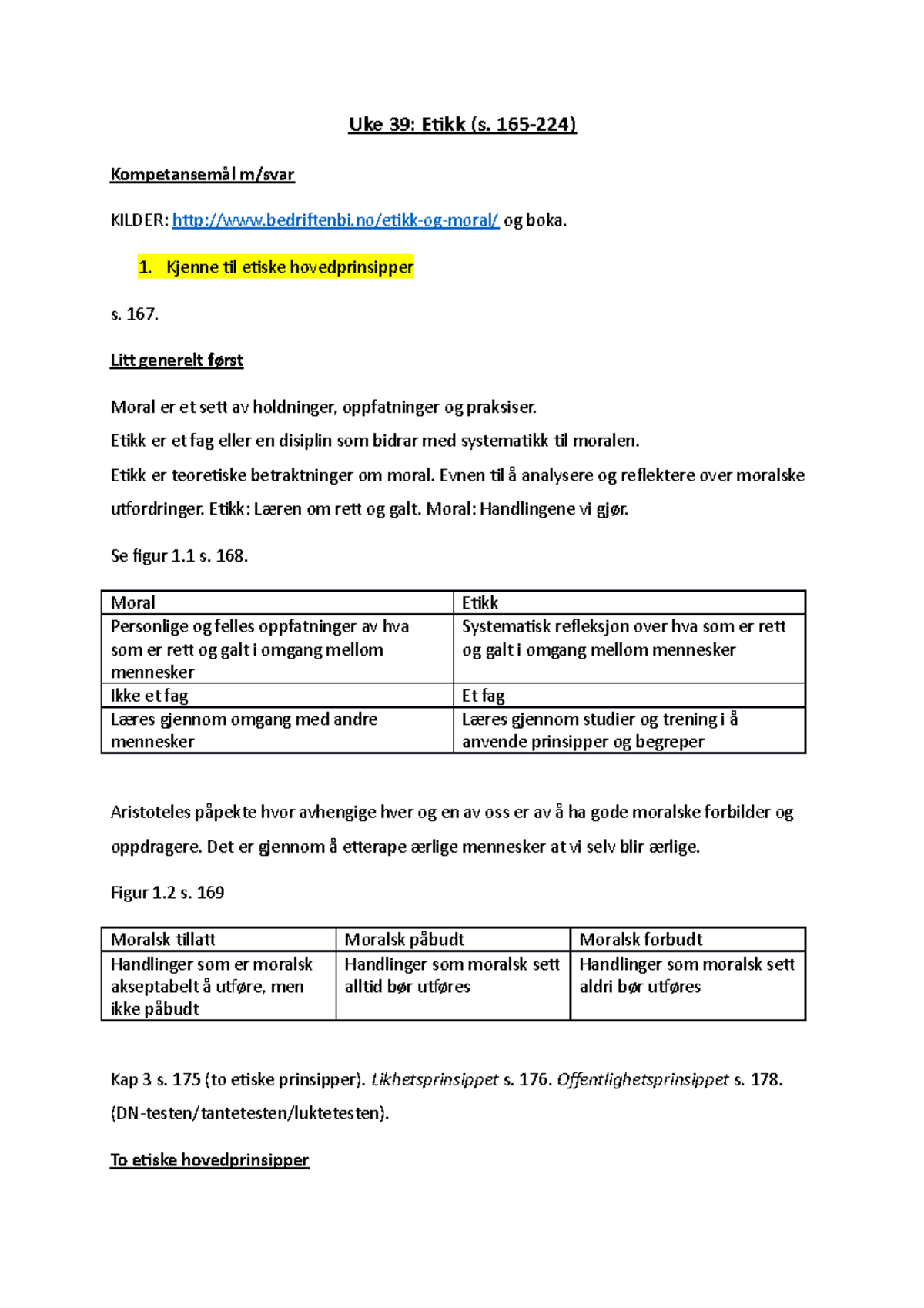 Notater - Sammendrag - Uke 39: Etikk (s. KILDER: Og Boka. 1. Kjenne Til ...