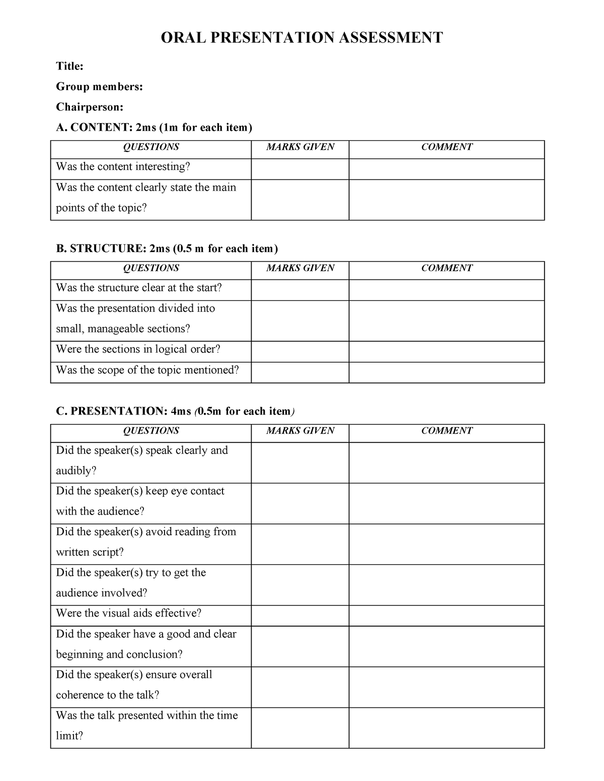 ORAL- Presentation- Assessment - ORAL PRESENTATION ASSESSMENT Title ...