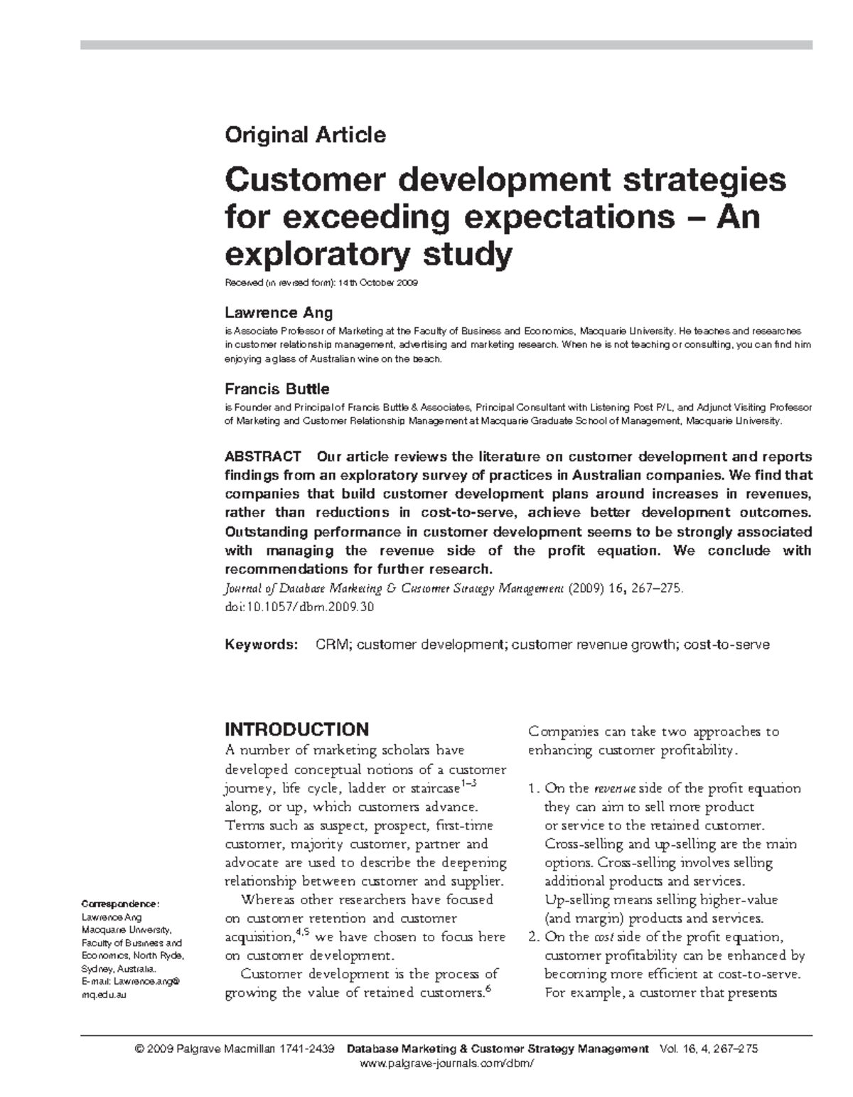 customer relationship management palgravejournals/dbm