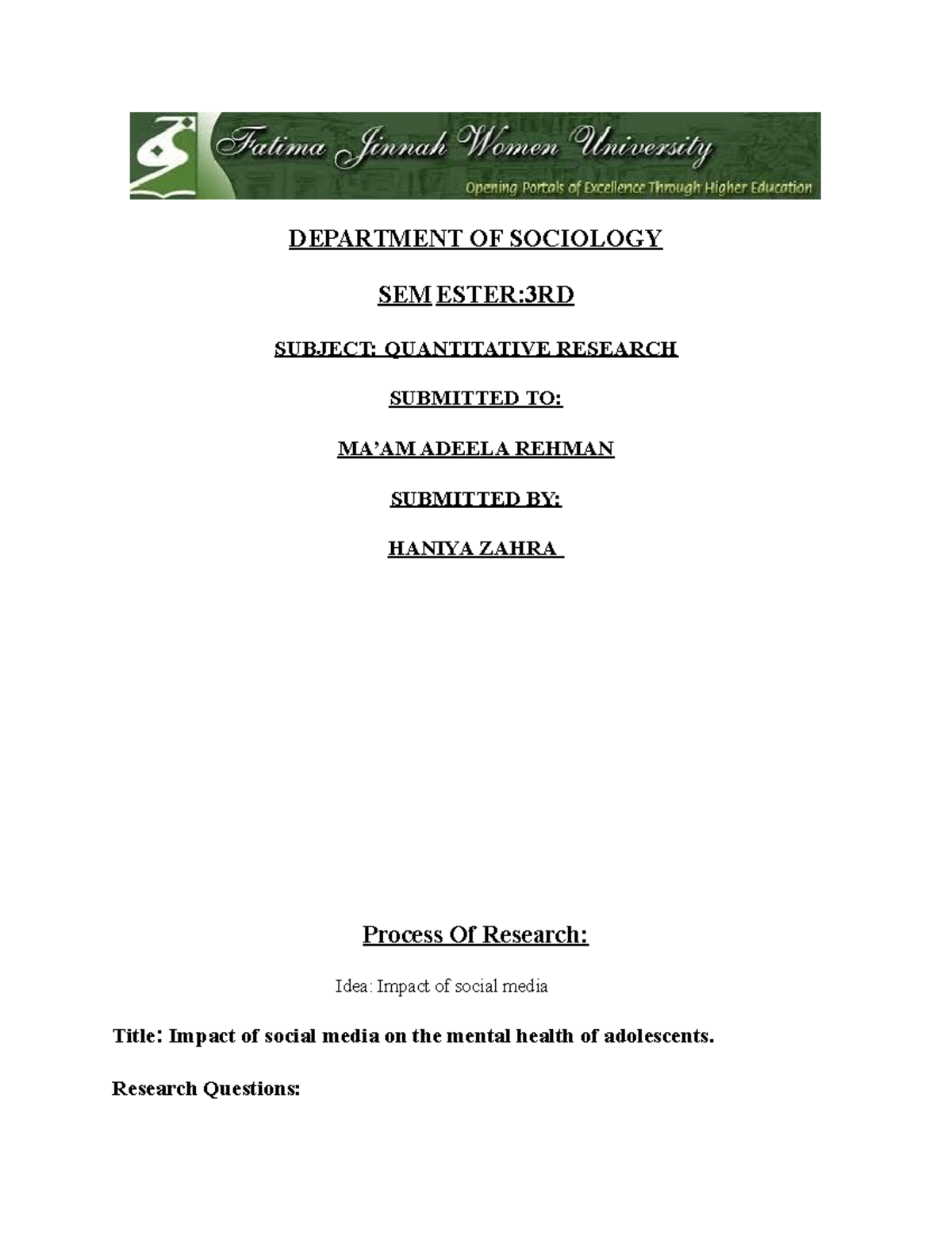Process Of Research - summary - DEPARTMENT OF SOCIOLOGY SEM ESTER:3RD ...