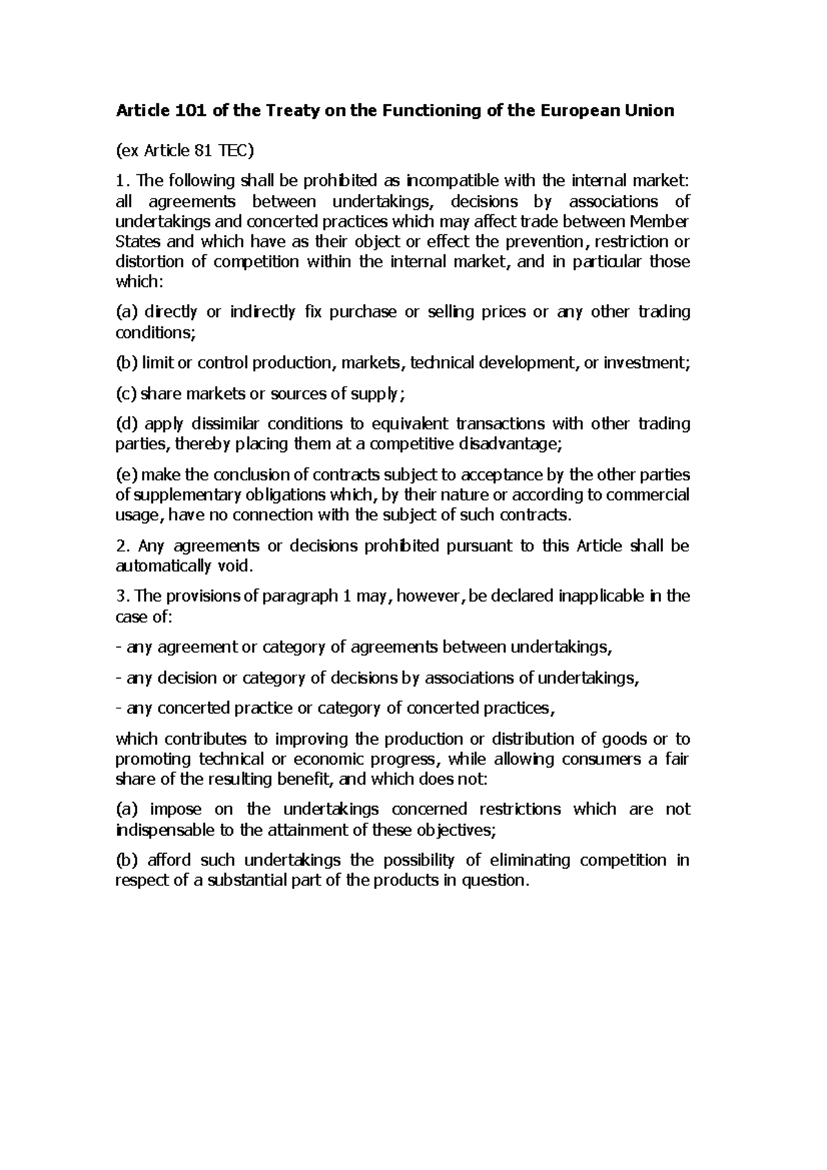 Articles 101 and 102 of the Treaty on the Functioning of the European ...