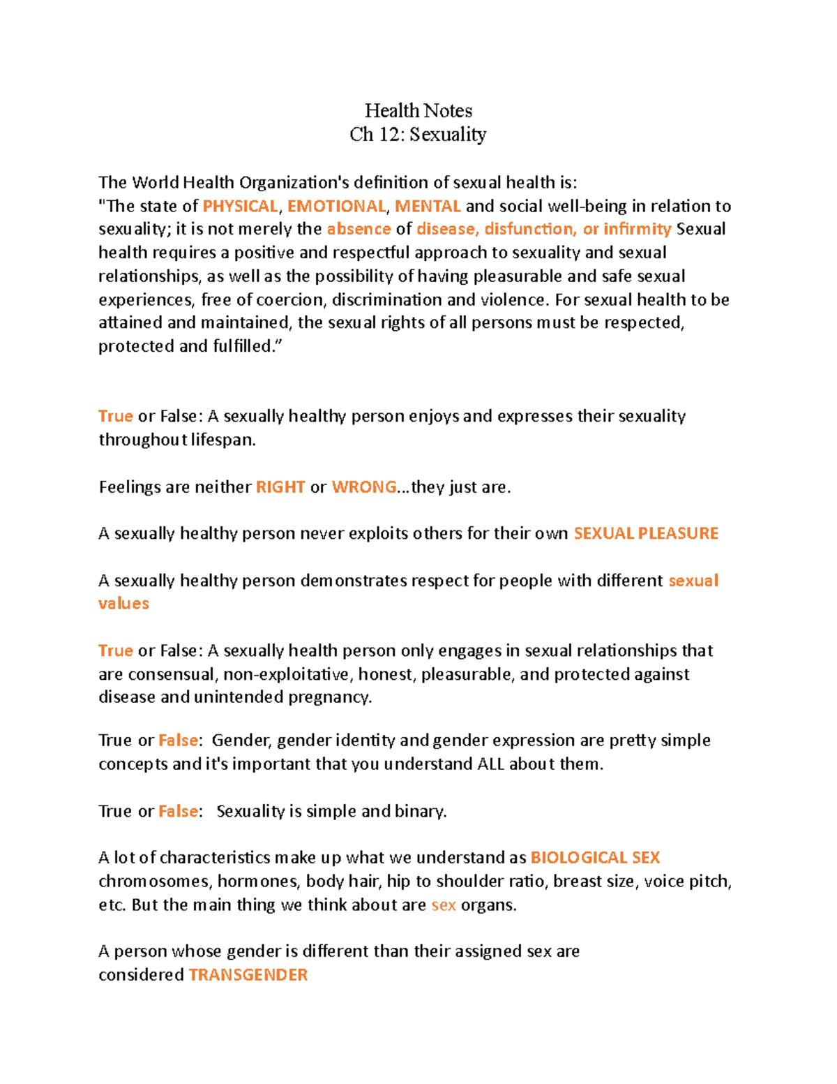 Health Ch 12 Intro to Sexuality Health Notes Ch 12 Sexuality