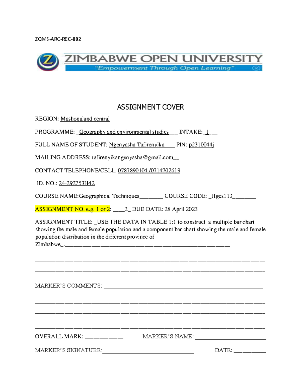Assignment 2 practical HGES113 - ZQMS-ARC-REC- ASSIGNMENT COVER REGION ...