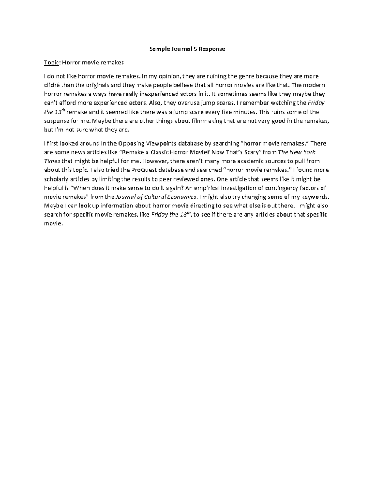 Sample Journal 5 Response - Sample Journal 5 Response Topic: Horror ...